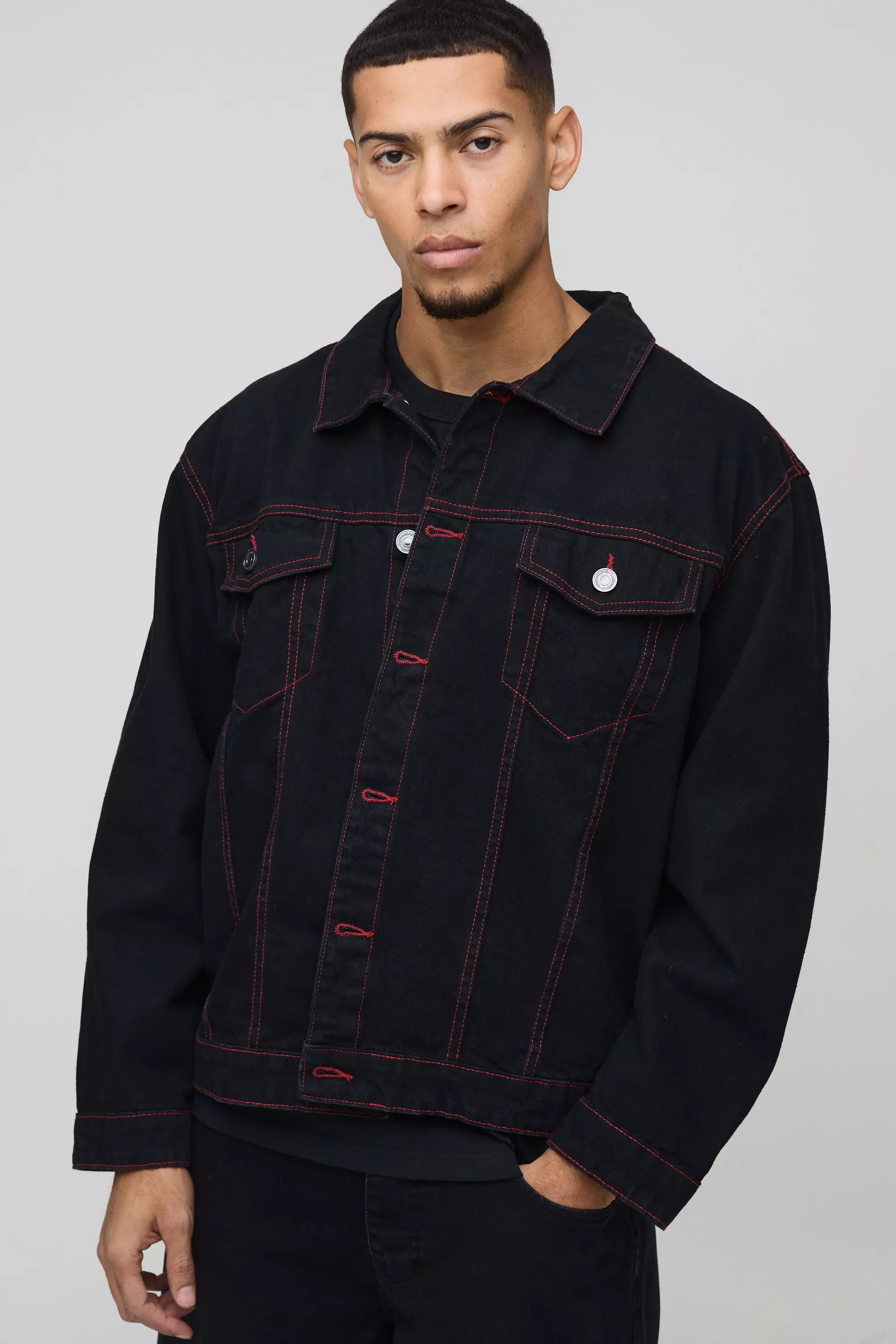 Black Regular Contrast Red Stitch Denim Jacket