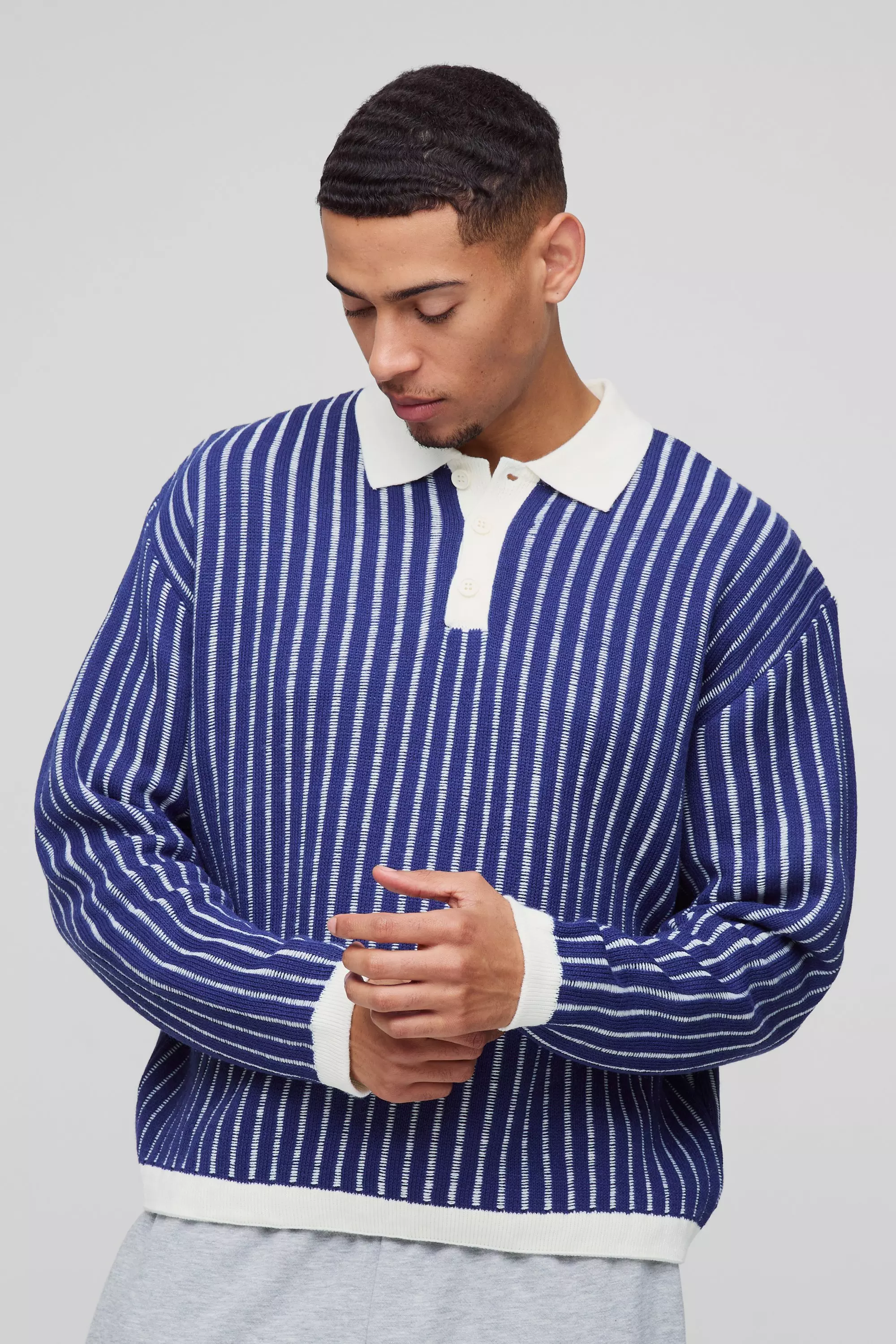 Oversized Boxy Striped Knitted Polo Navy