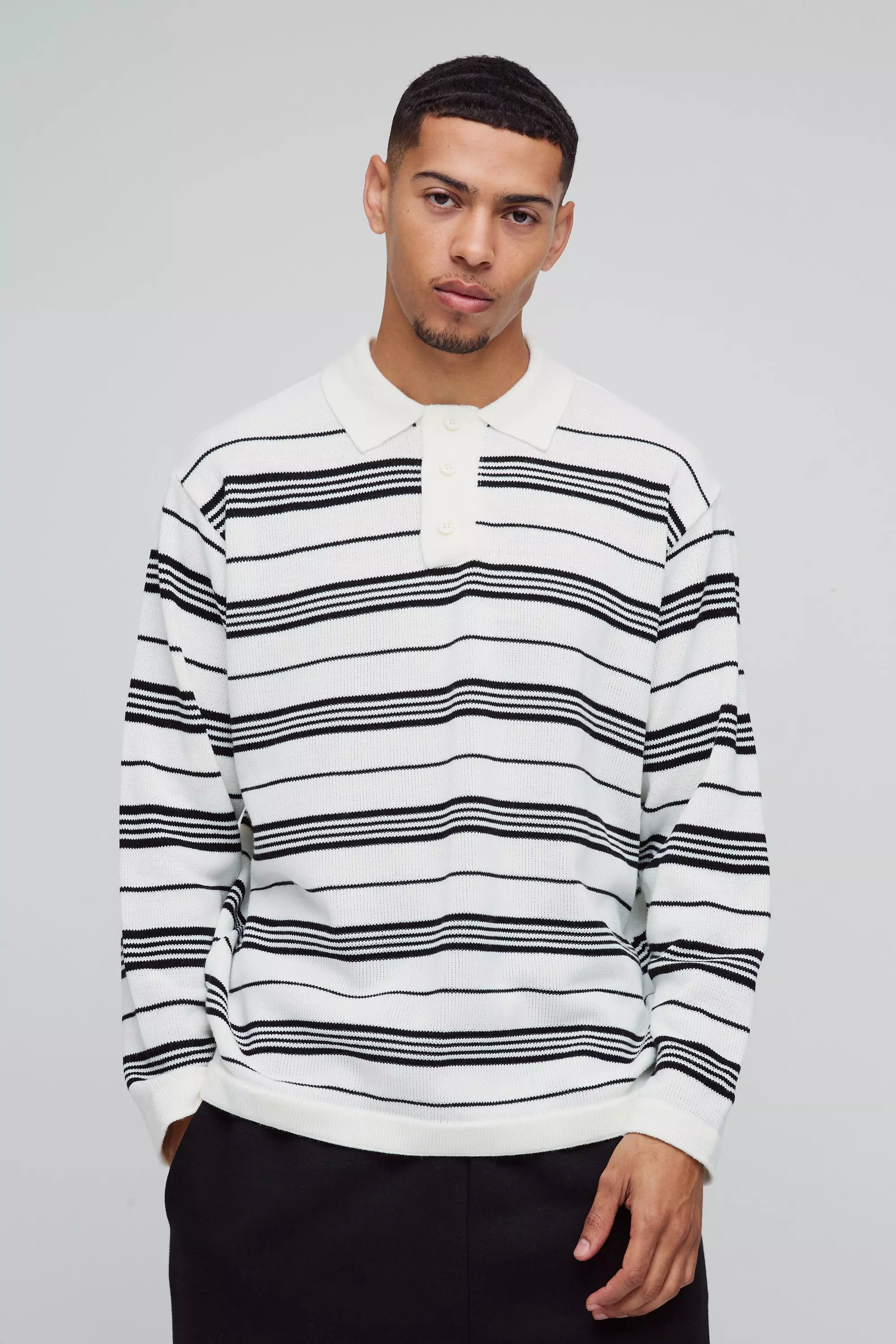 Ecru Oversized Striped Knitted Polo alternative image
