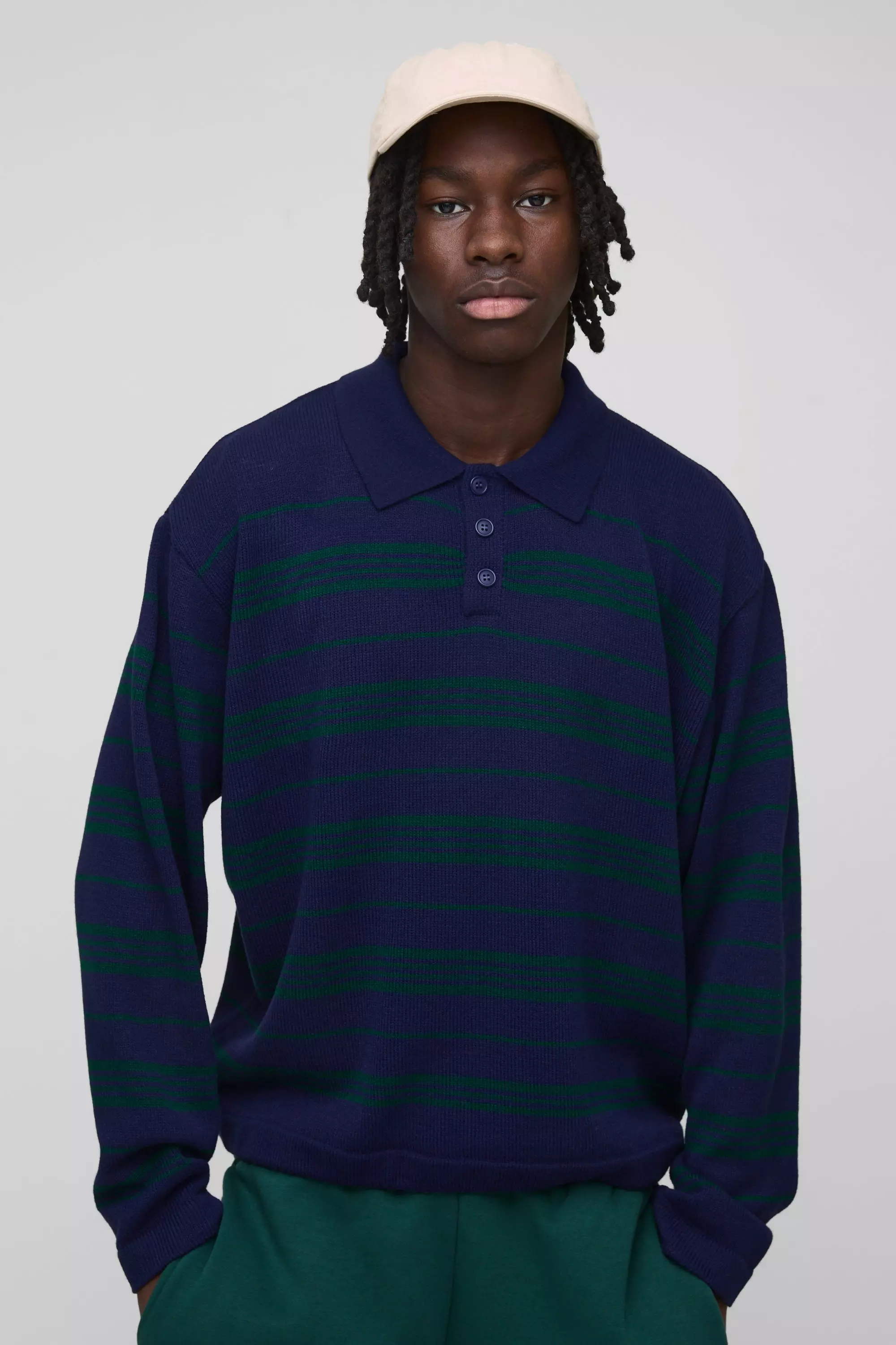 Oversized Striped Knitted Polo Navy