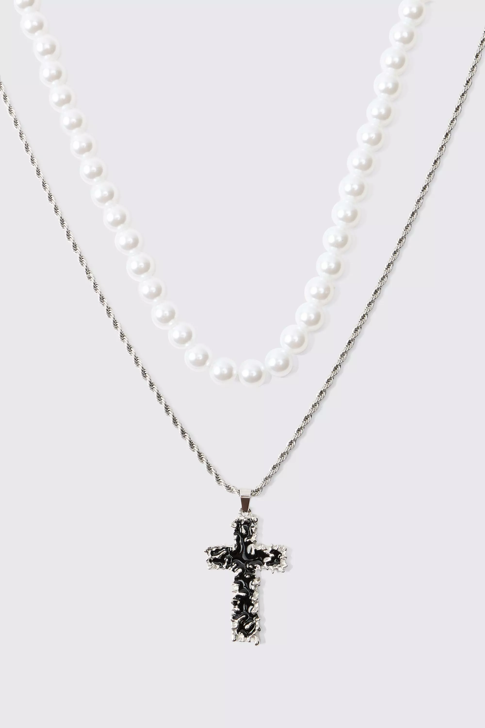 Mehrlagige Kette mit Kreuz und Perlen, Silver alternatives Bild