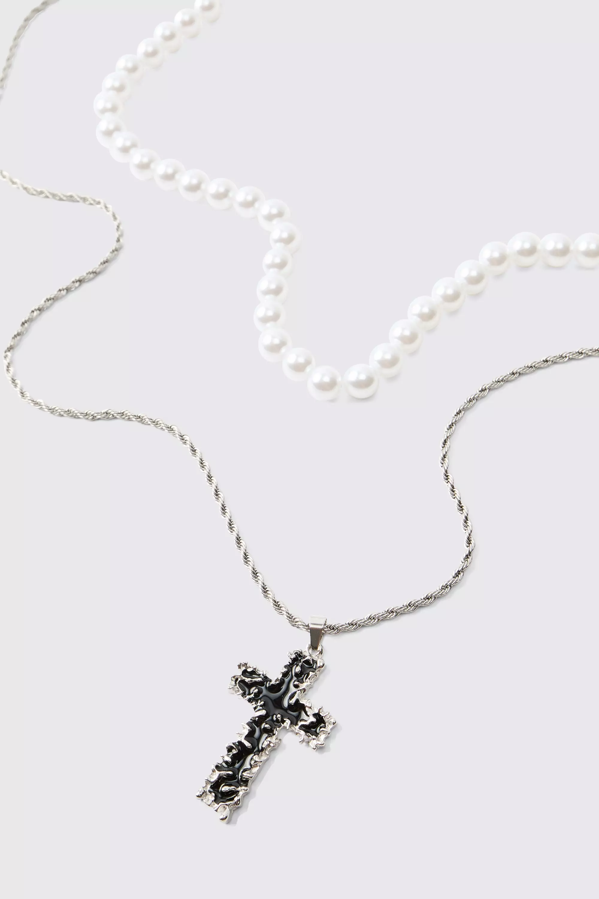 Mehrlagige Kette mit Kreuz und Perlen, Silver alternatives Bild