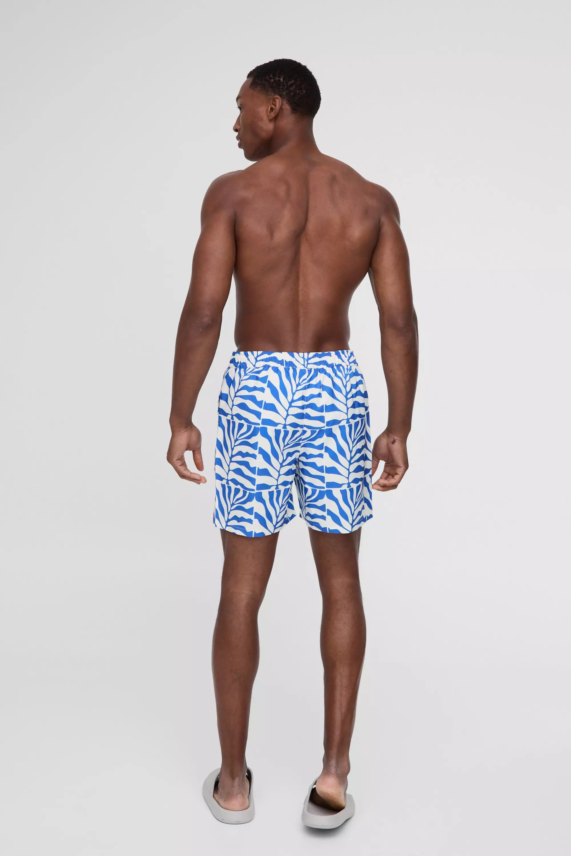 Blue Mid Length Palm Print Swim Trunks alternative image