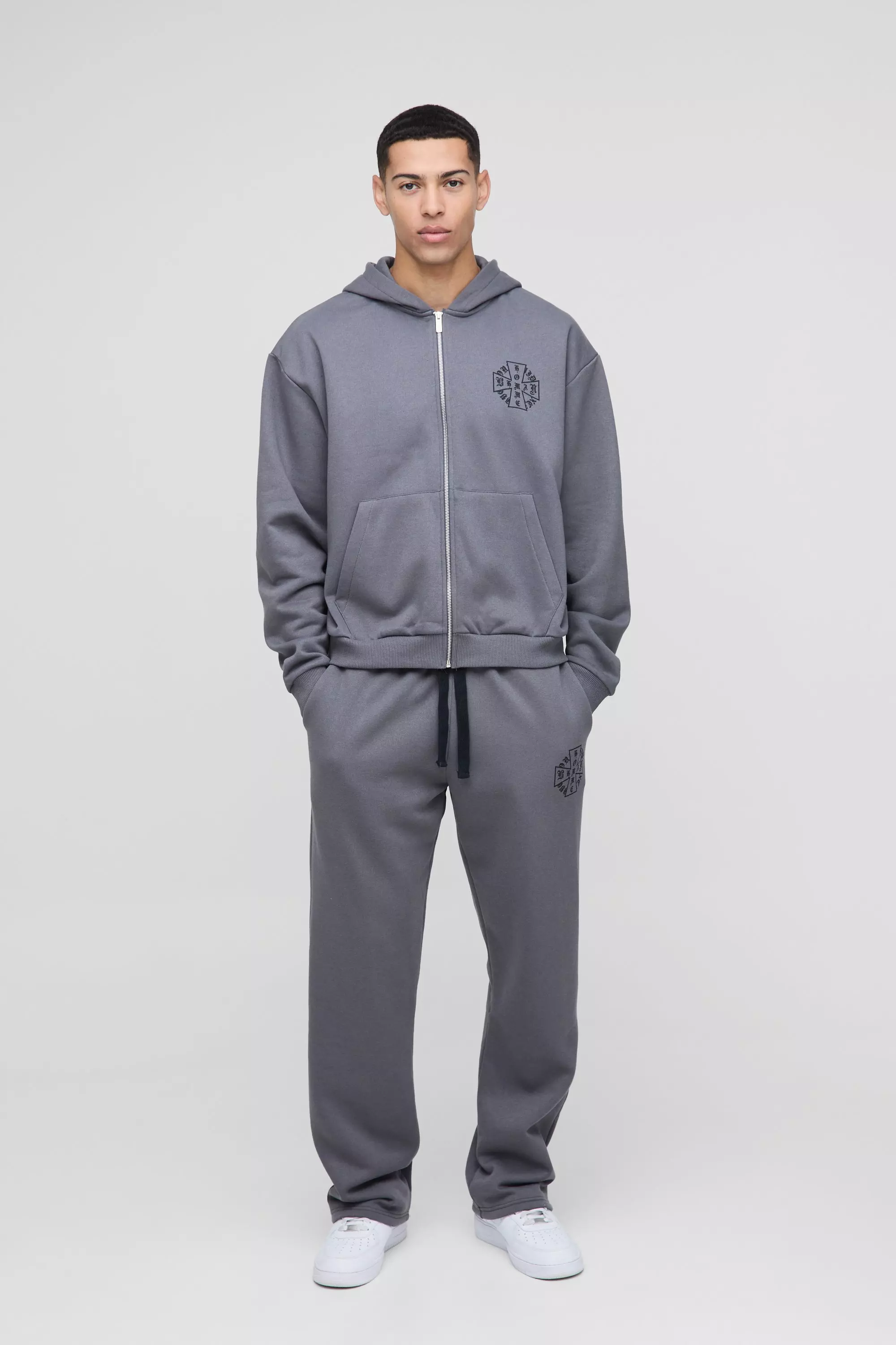 Charcoal Oversized Boxy Homme Cross Zip Hooded Tracksuit alternative image