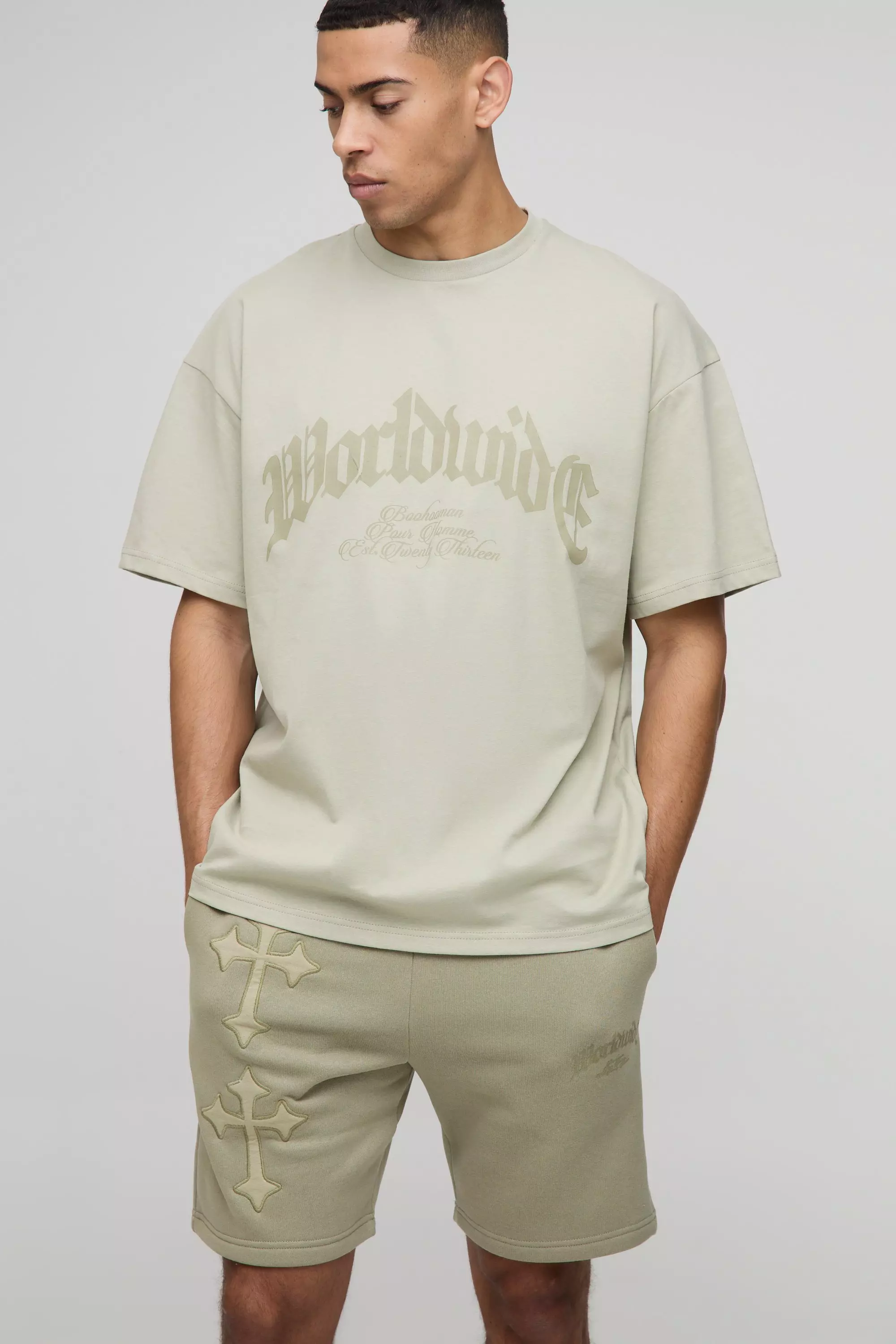 Oversized Cross Applique T-Shirt & Short Set | boohooMAN USA