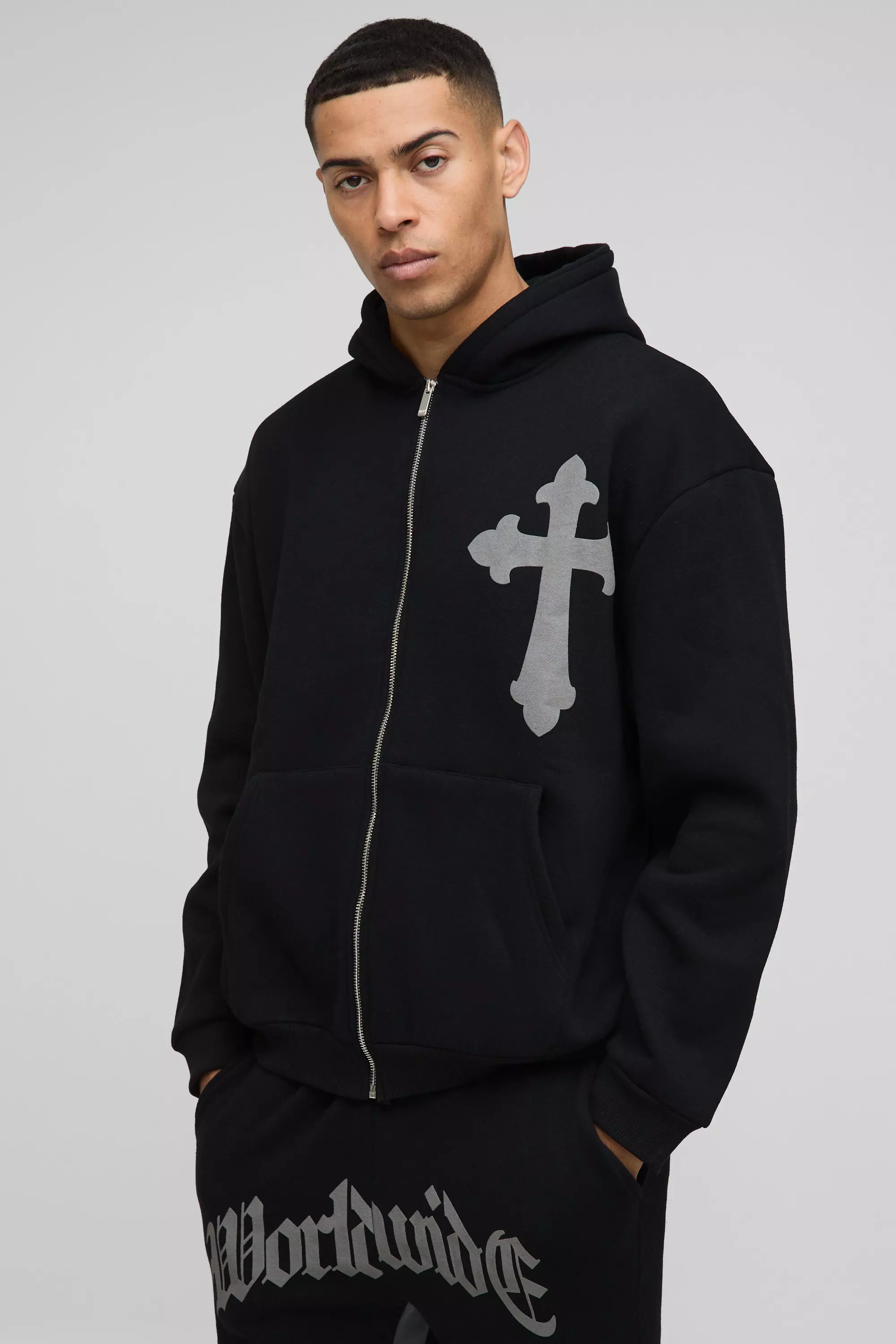 Black Oversized Worldwide Cross Zip Hooded Tracksuit alternative image