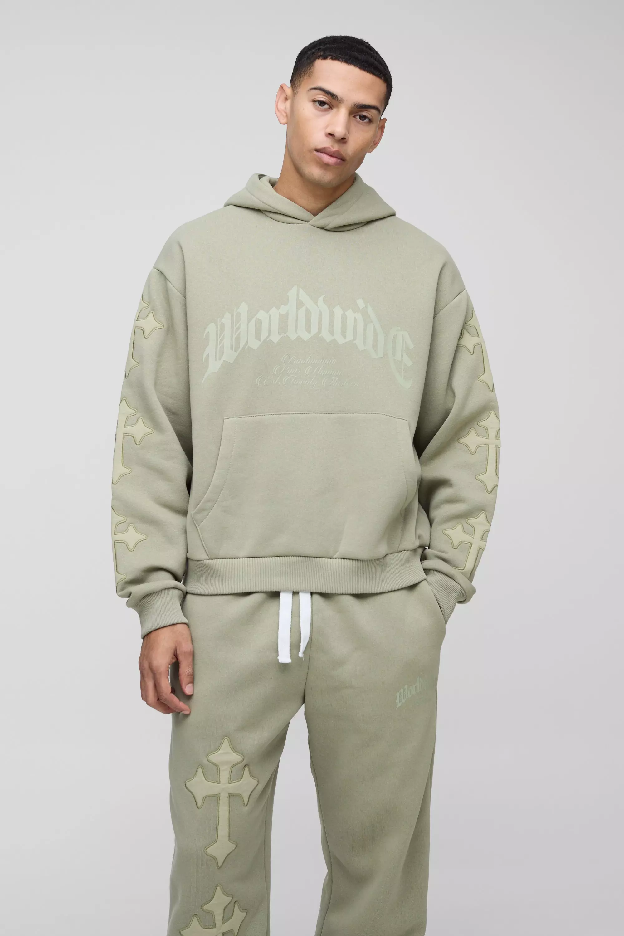Sage Oversized Boxy Cross Applique Hooded Tracksuit alternative image