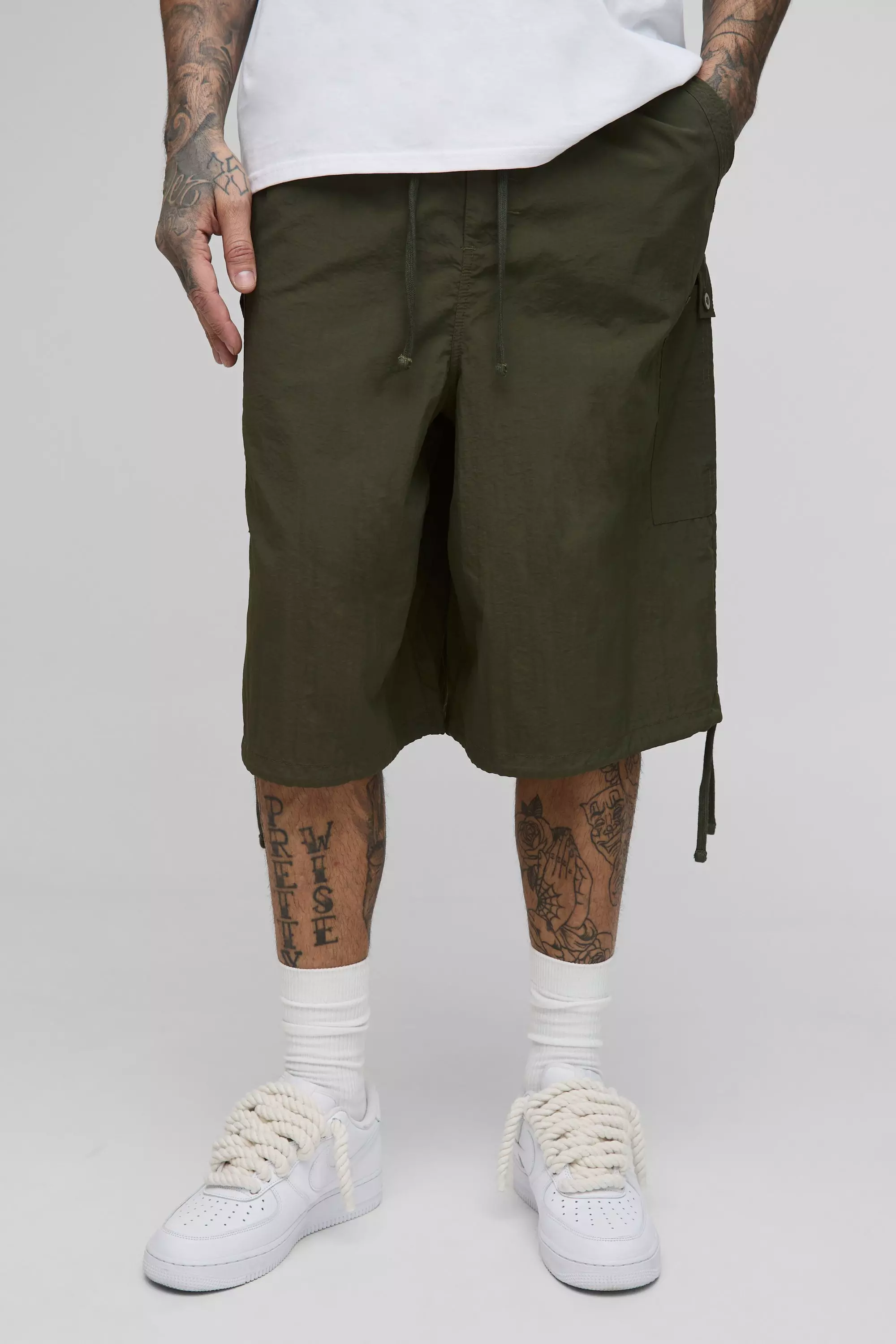 Tall Crinkle Nylon Pleat Knee Longline Parachute Shorts | boohooMAN USA