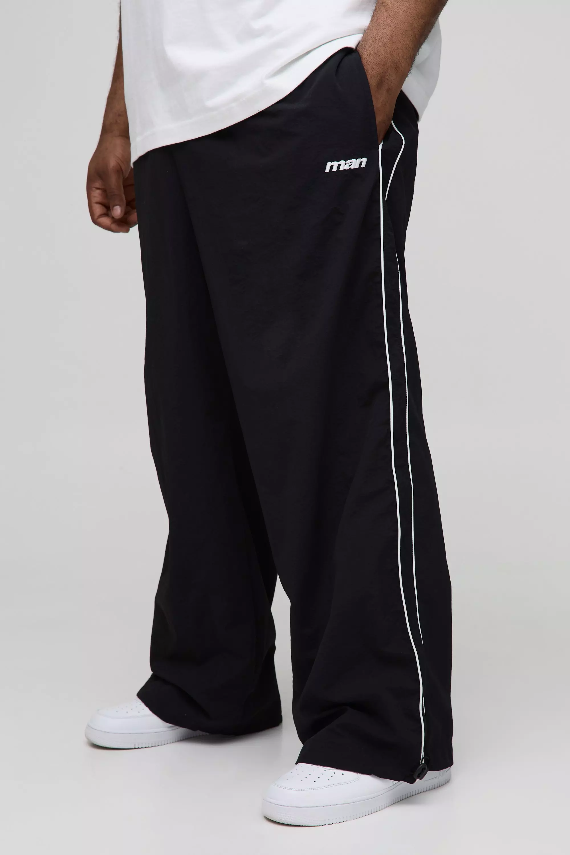 Plus Stripe Embroidered Parachute Pants | boohooMAN USA