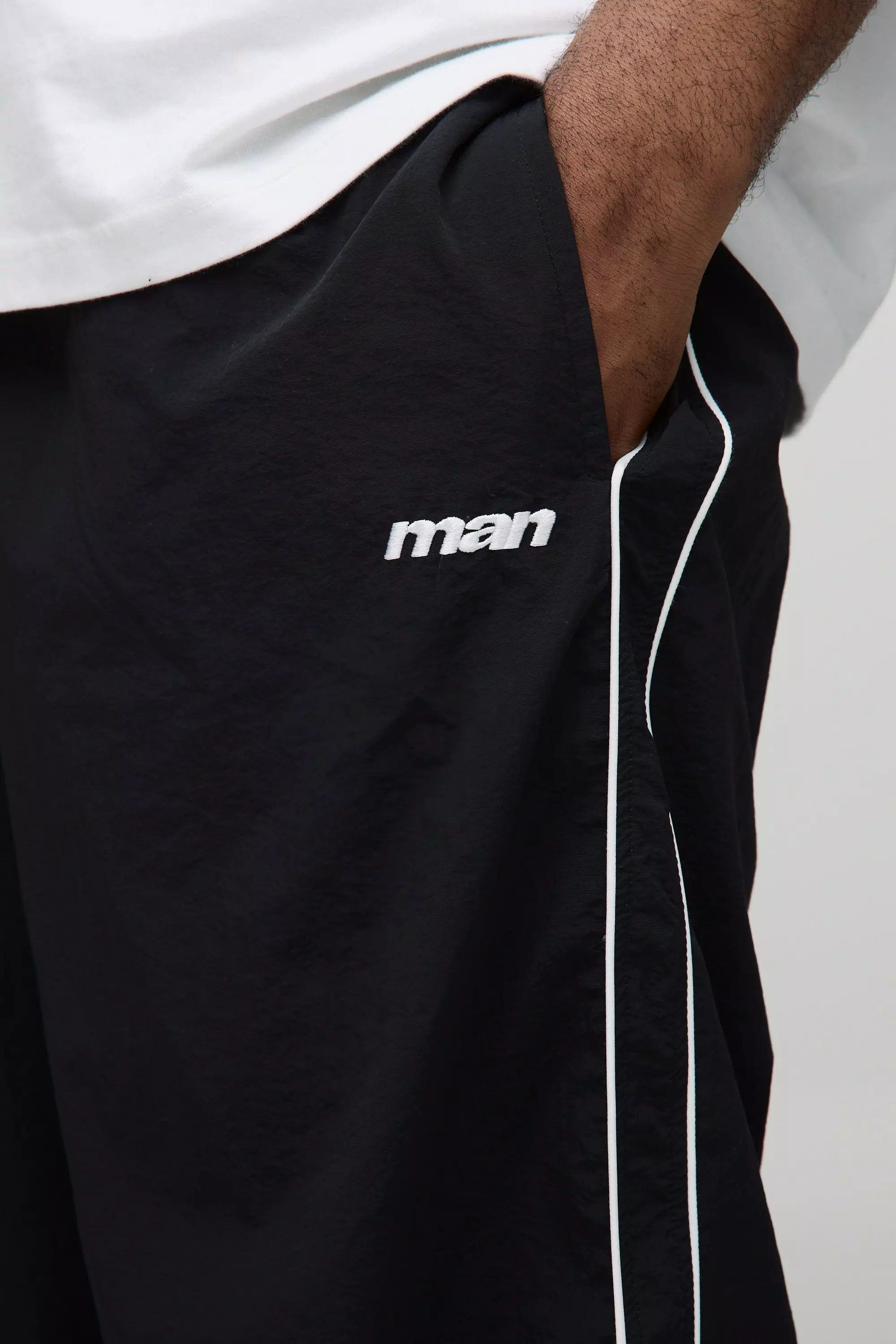 Plus Stripe Embroidered Parachute Pants | boohooMAN USA