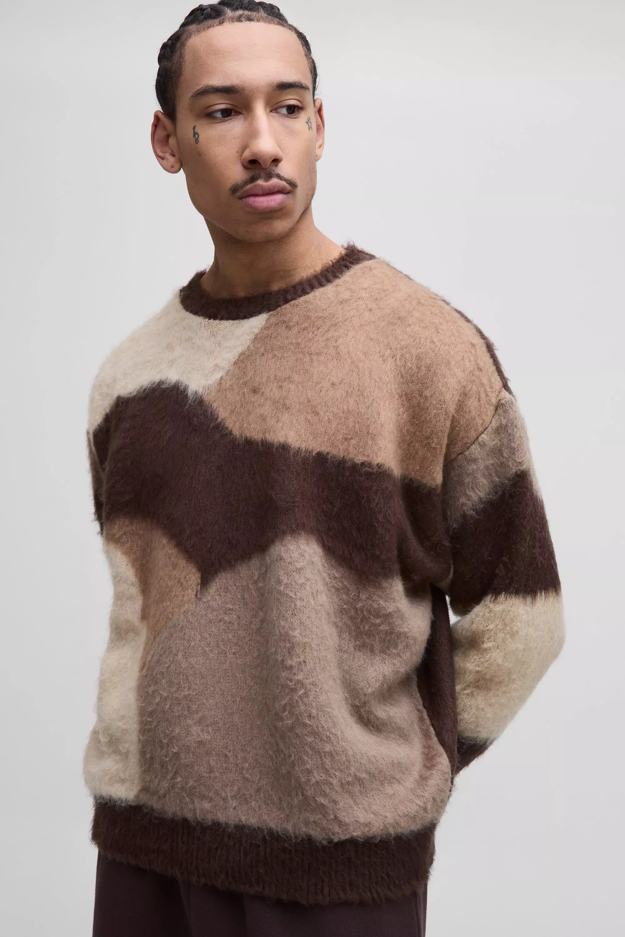Brown Oversized Boxy Abstract Fluffy Knitted Jumper alternative image