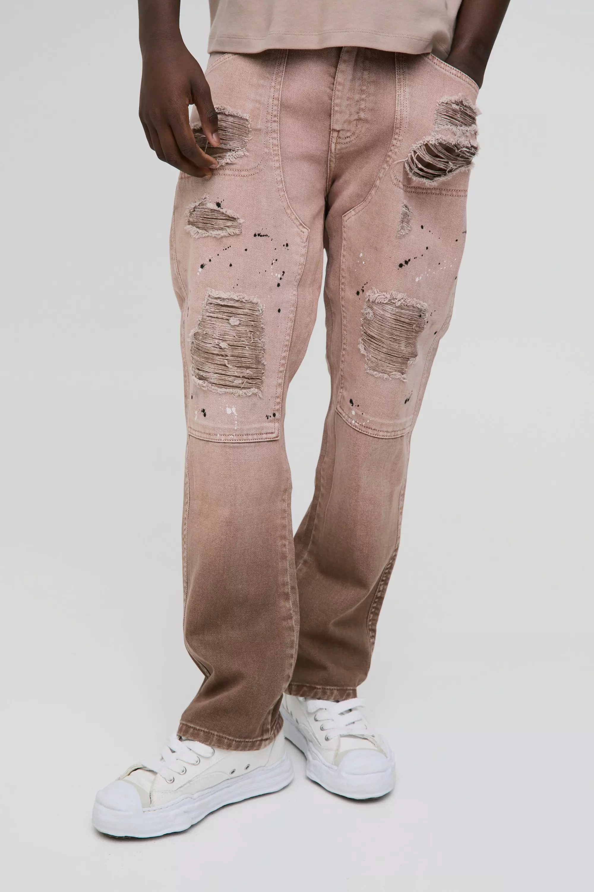 Straight Leg Ripped Paint Splatter Carpenter Jeans Taupe