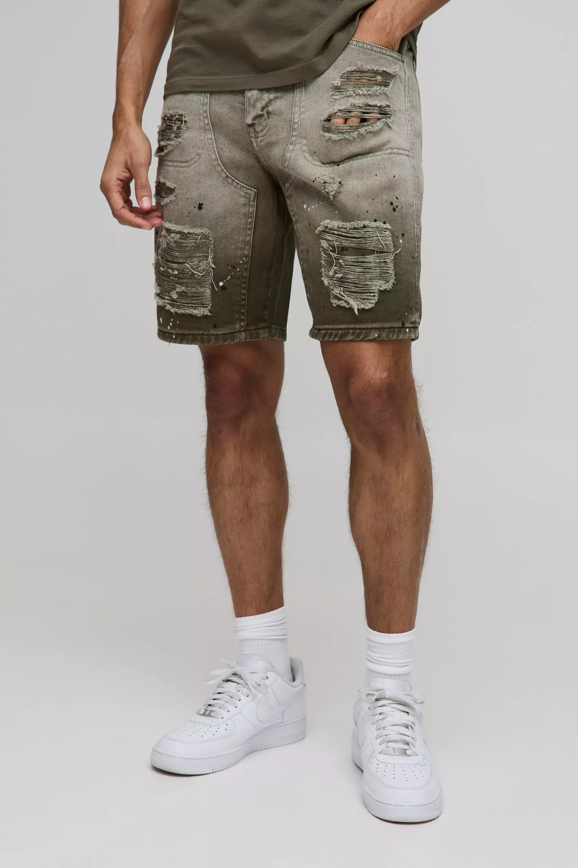 Straight Fit Ripped Carpenter Paint Splatter Denim Shorts Taupe