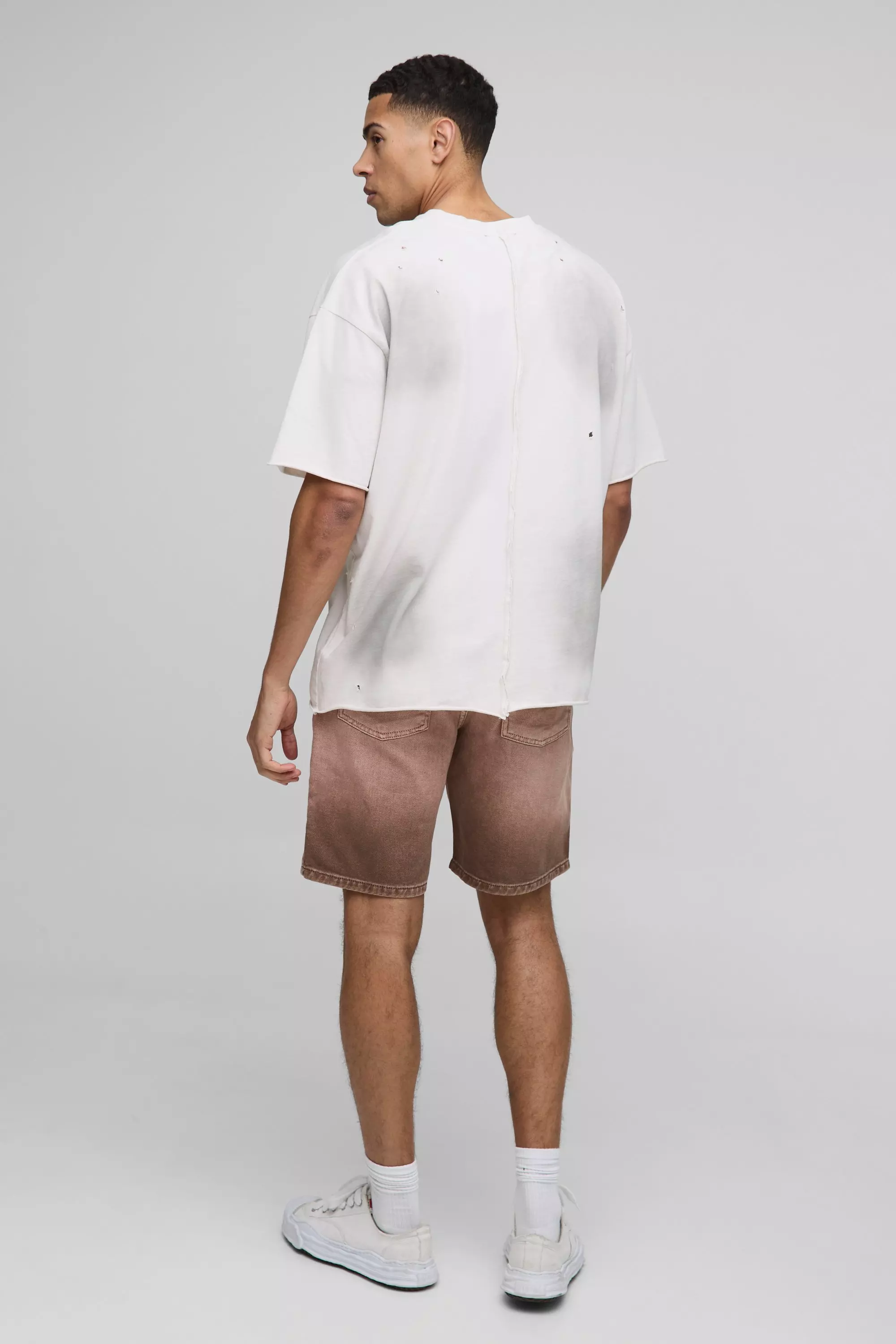 Straight Fit Ripped Carpenter Paint Splatter Denim Shorts | boohooMAN USA
