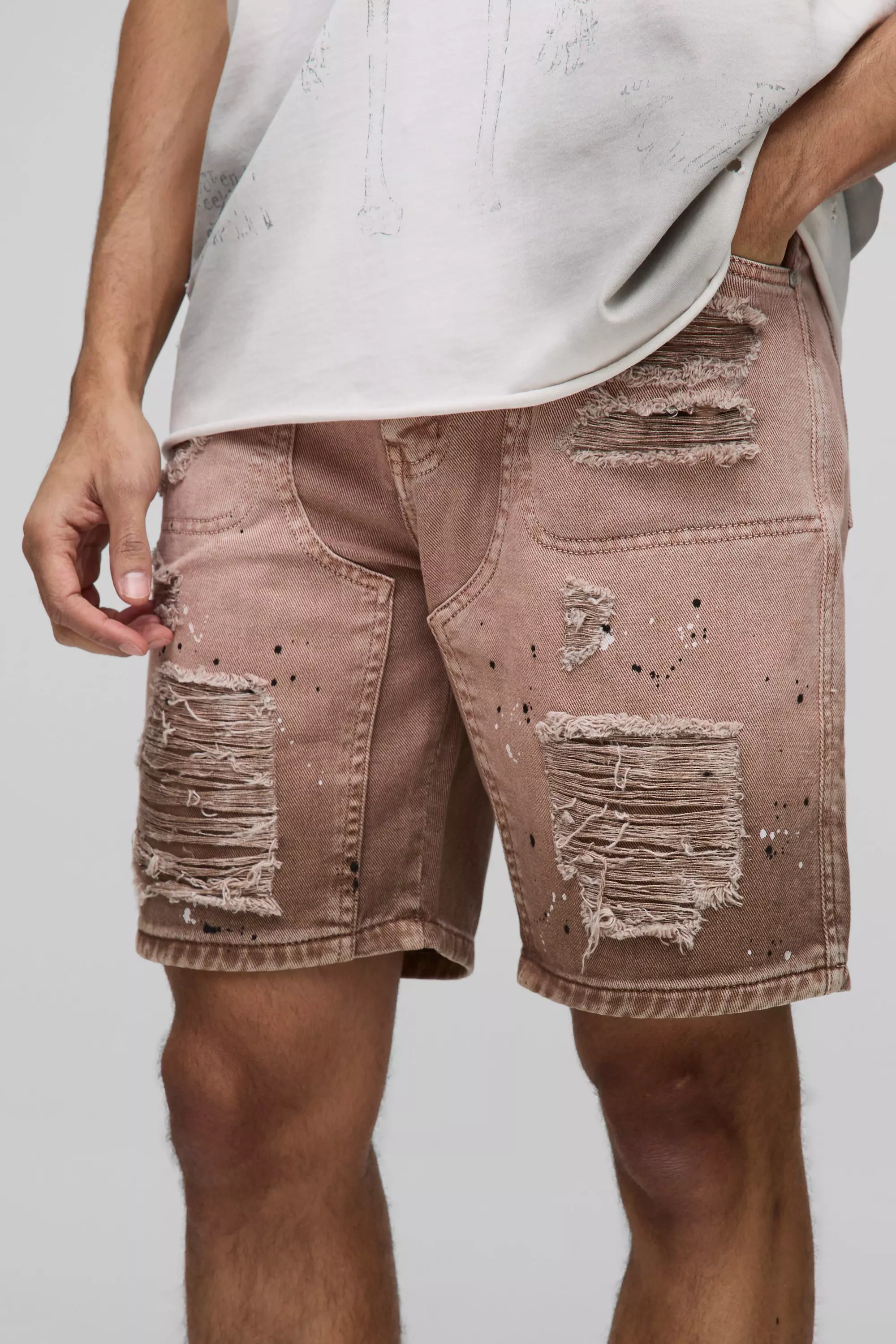 Straight Fit Ripped Carpenter Paint Splatter Denim Shorts | boohooMAN USA