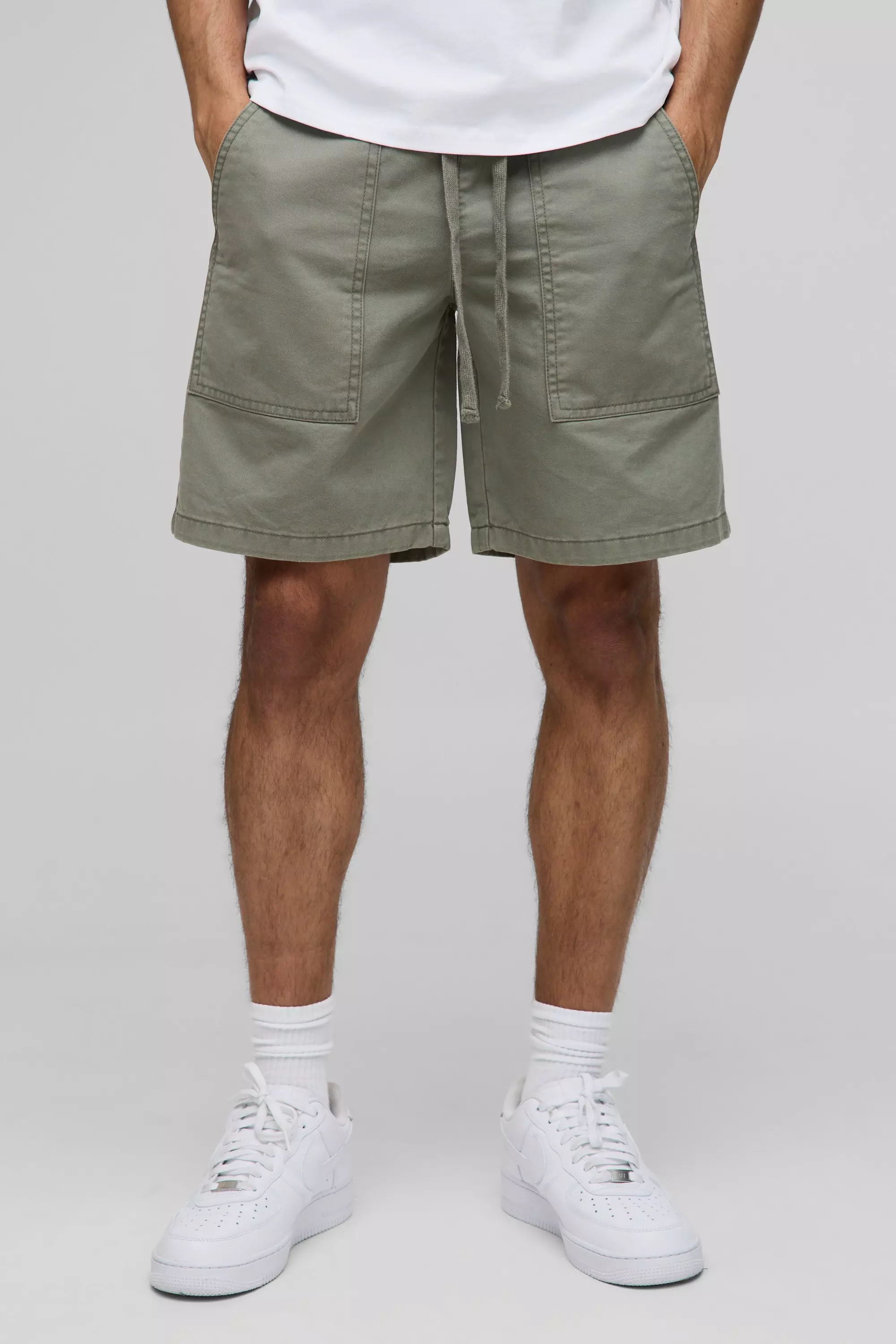 Elasticated Waist Extended Drawcords Twill Shorts Khaki