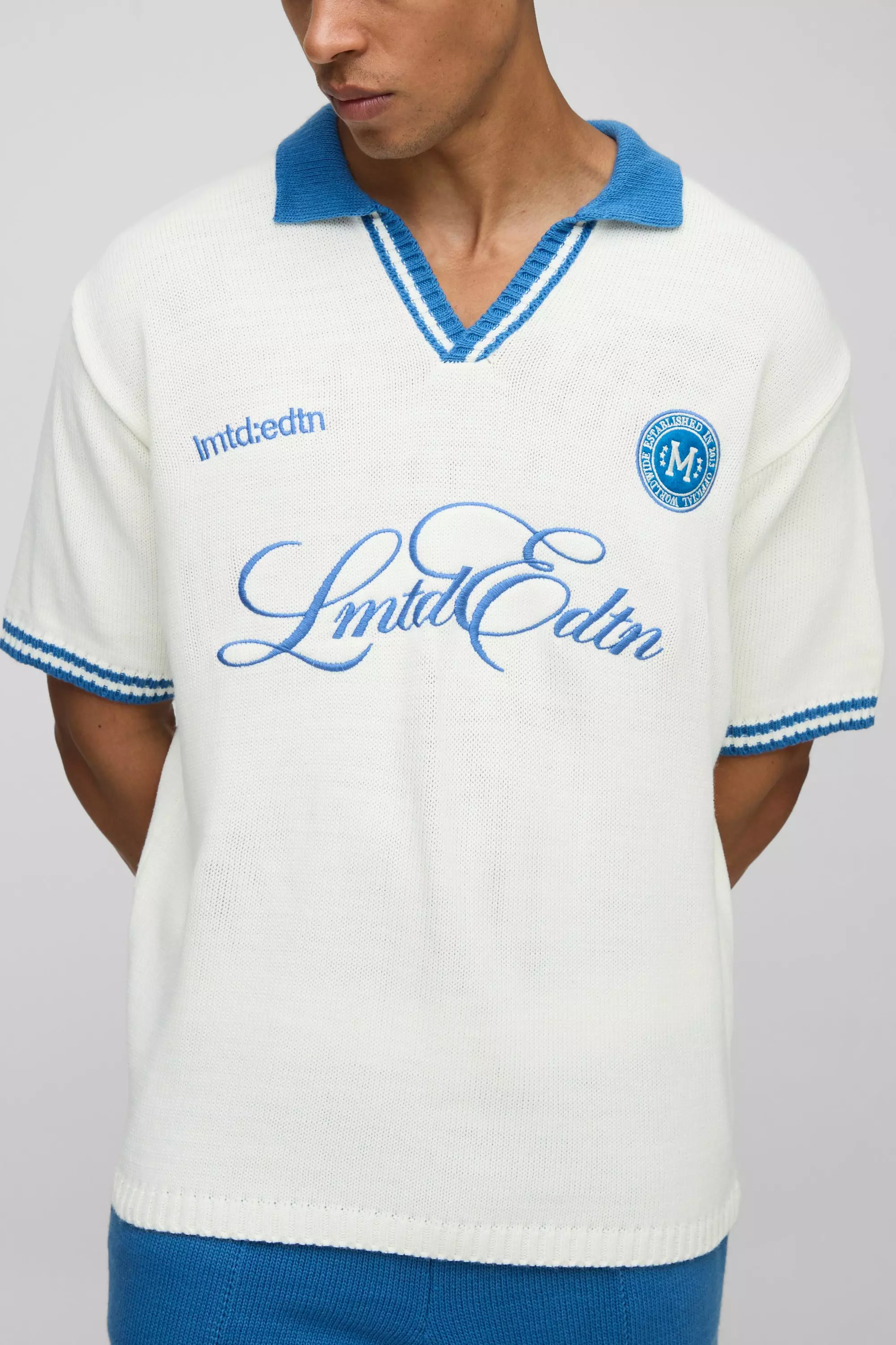 Oversized V Neck Limited Edition Short Sleeve Knitted Polo | boohooMAN USA