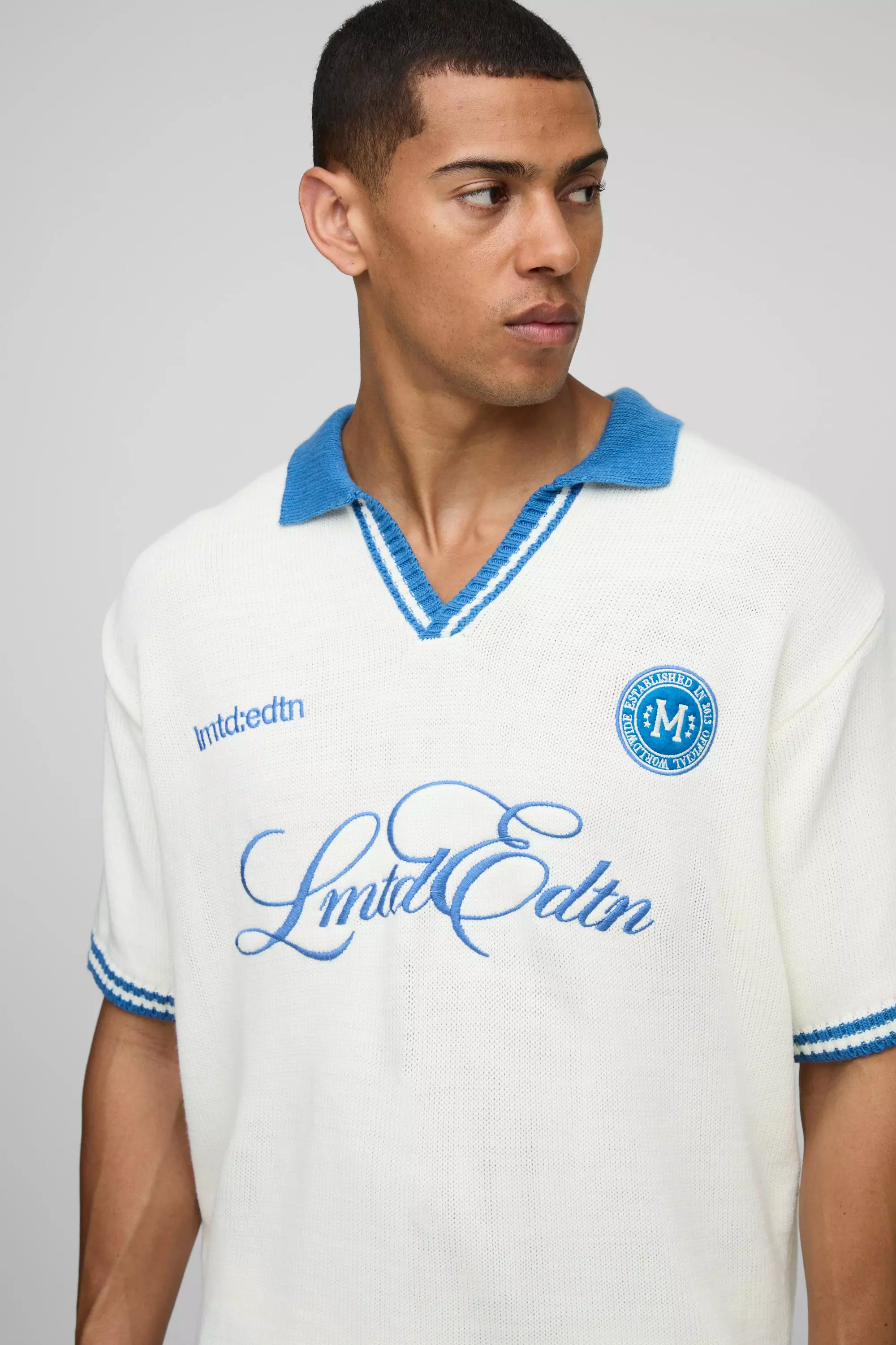 Oversized V Neck Limited Edition Short Sleeve Knitted Polo | boohooMAN USA