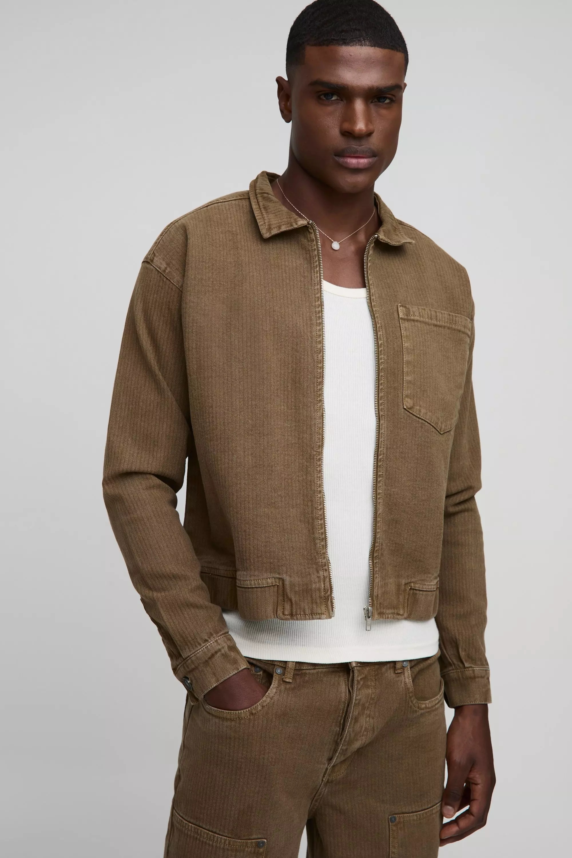 Relaxed Herringbone Twill Harrington Jacket dark olive