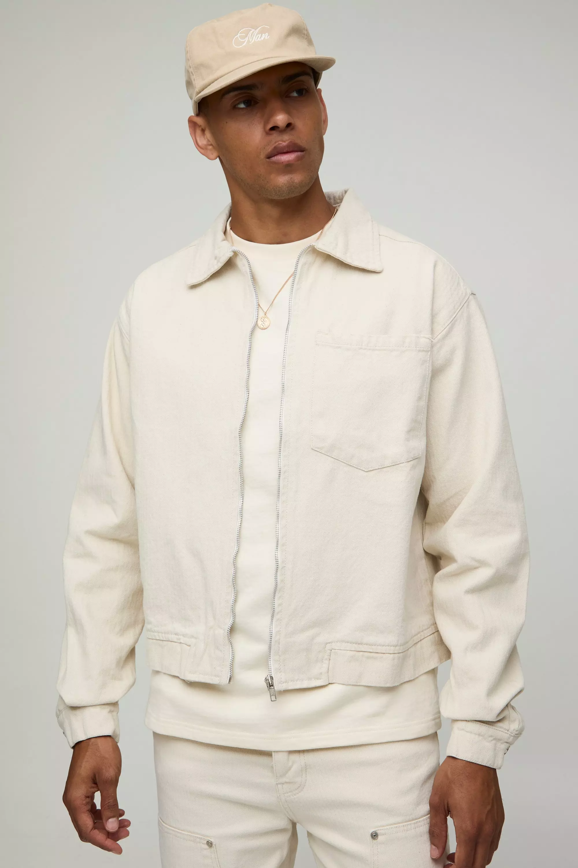 Relaxed Herringbone Twill Harrington Jacket Ecru