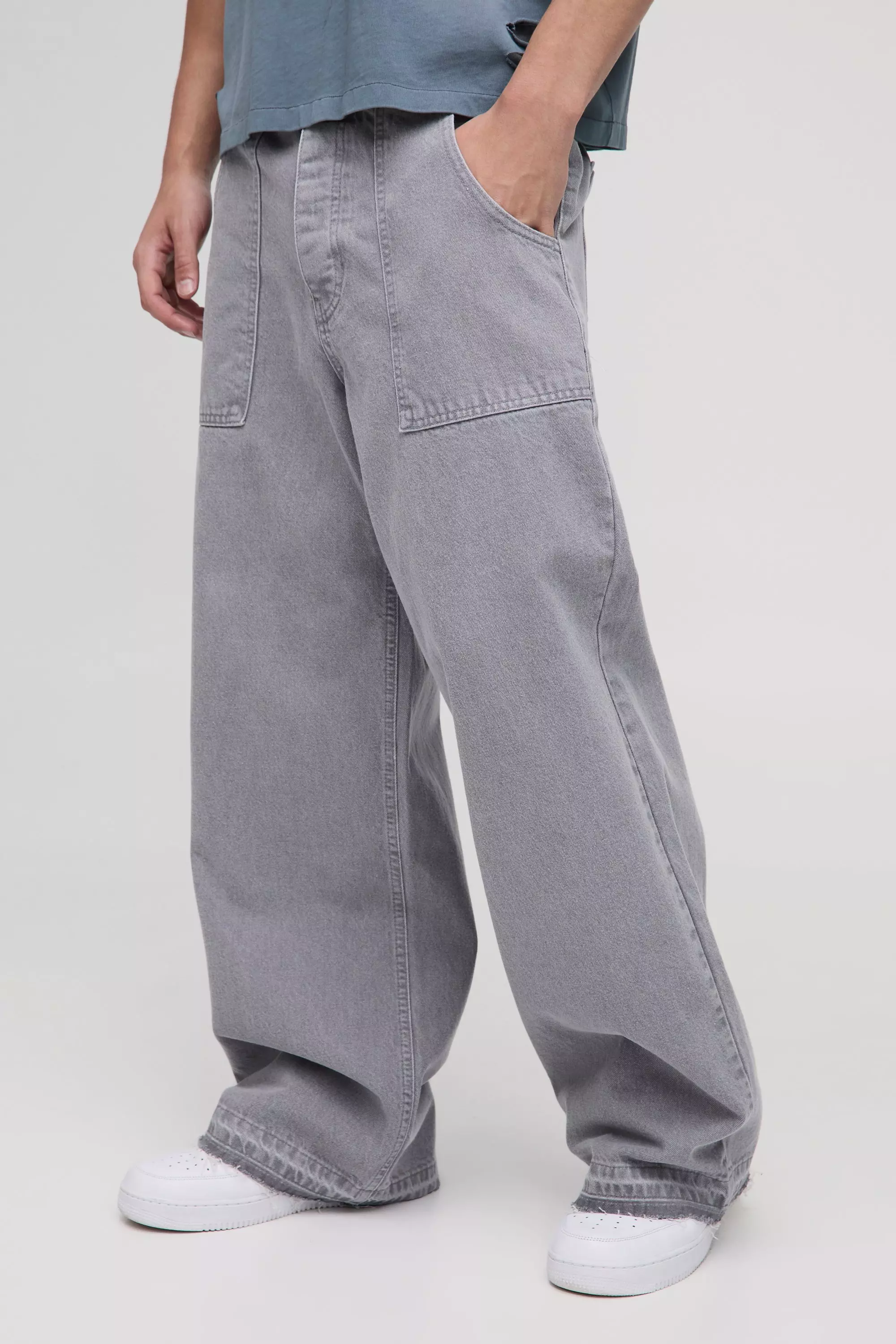 Wide Leg Ice Grey Washed Distressed Hem Jeans alternative image