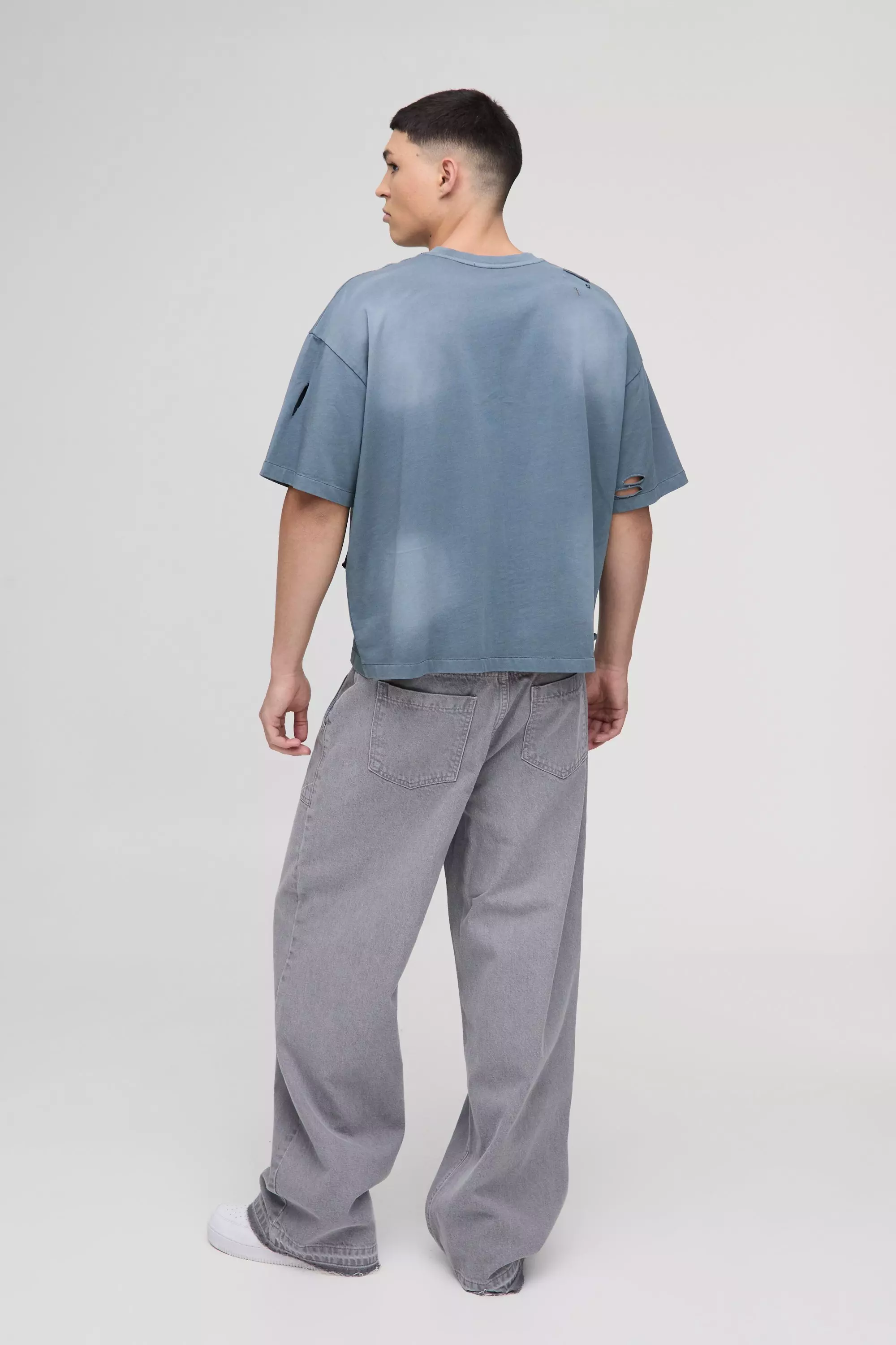 Wide Leg Ice Grey Washed Distressed Hem Jeans alternative image