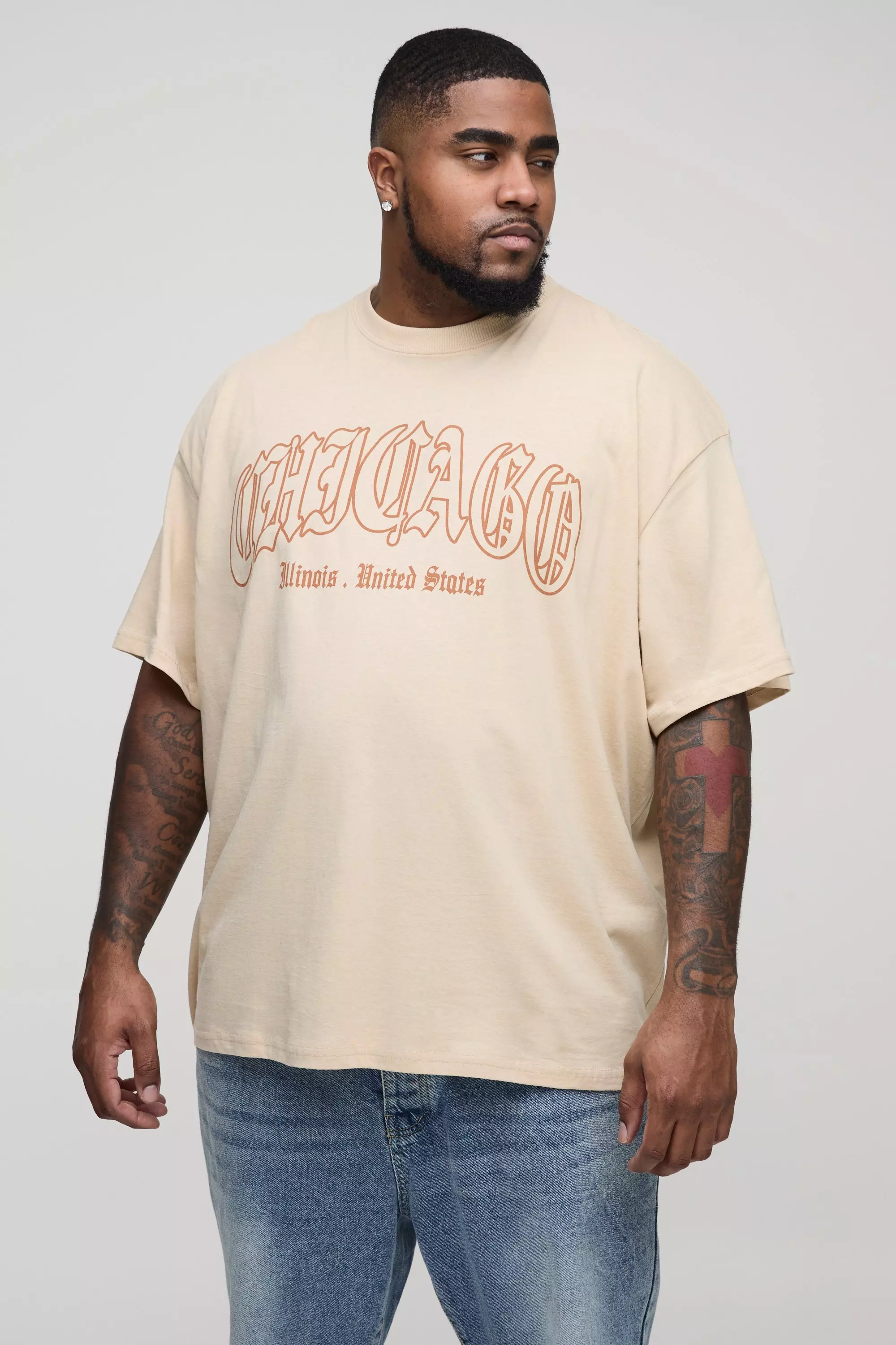 Plus Oversized Chicago Print T-shirt Sand