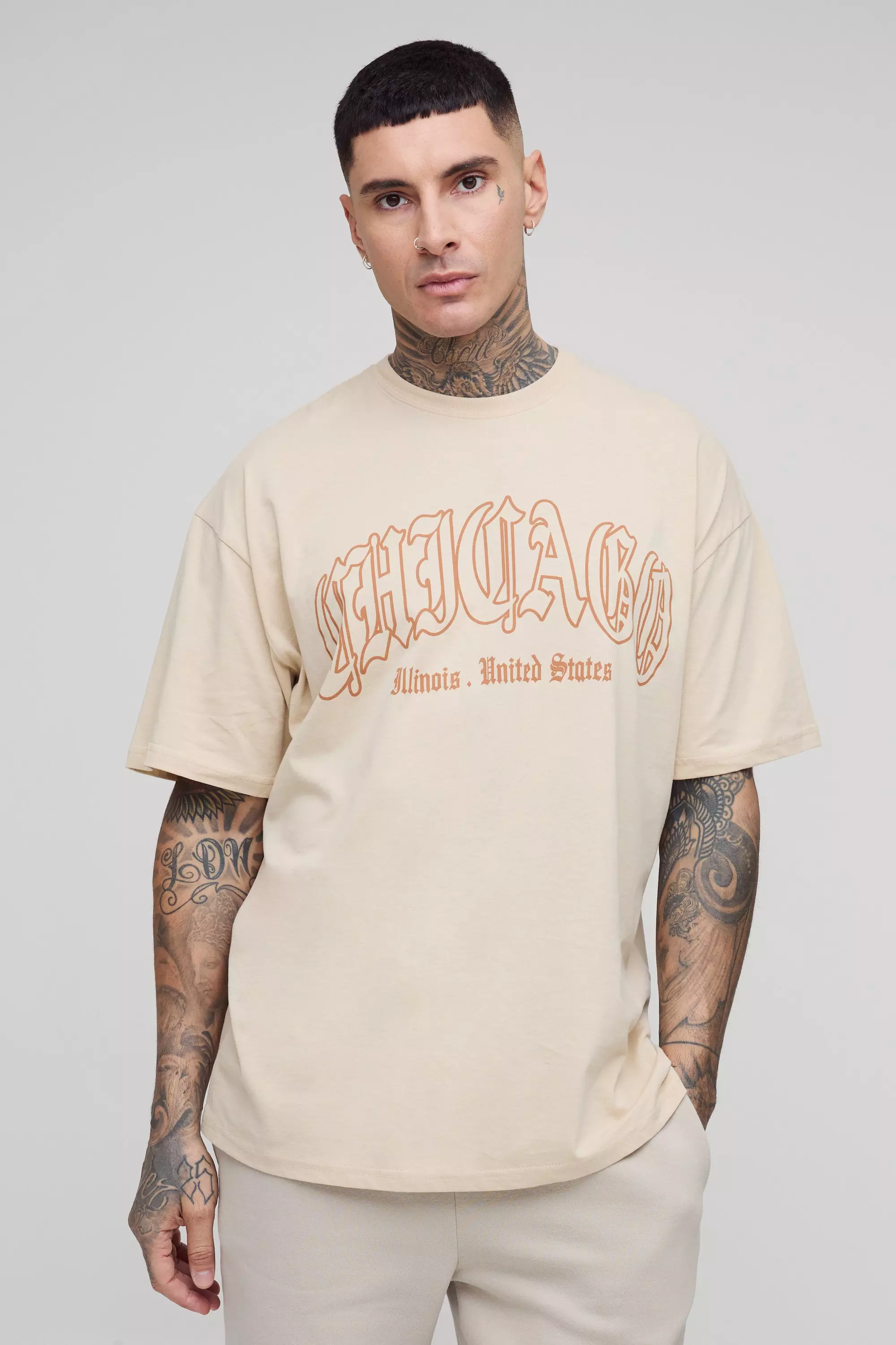 Sand Beige Tall Oversized Chicago Print T-shirt