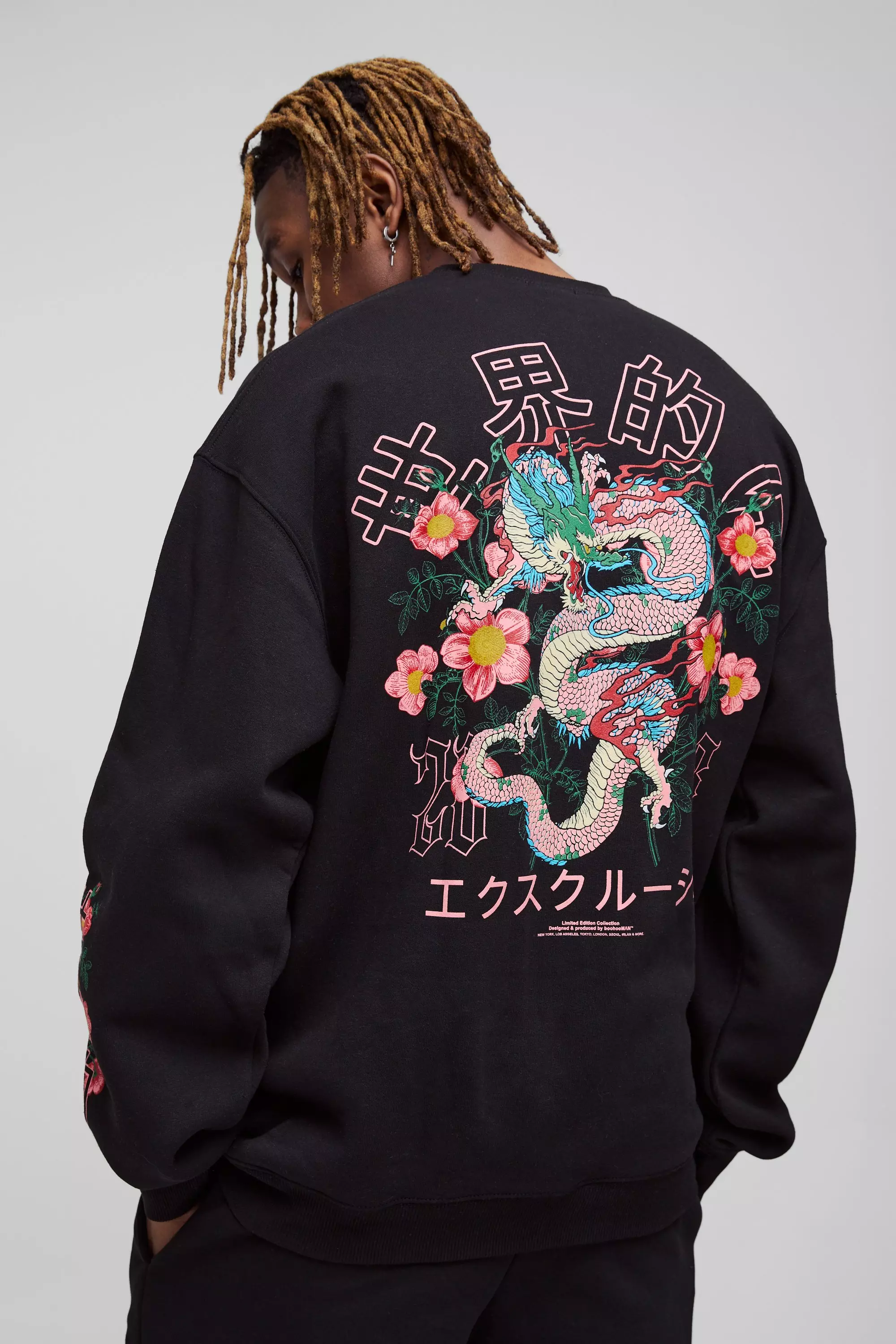 Tall Oversized Dragon Floral Graphic Extended Neck Sweatshirt Black