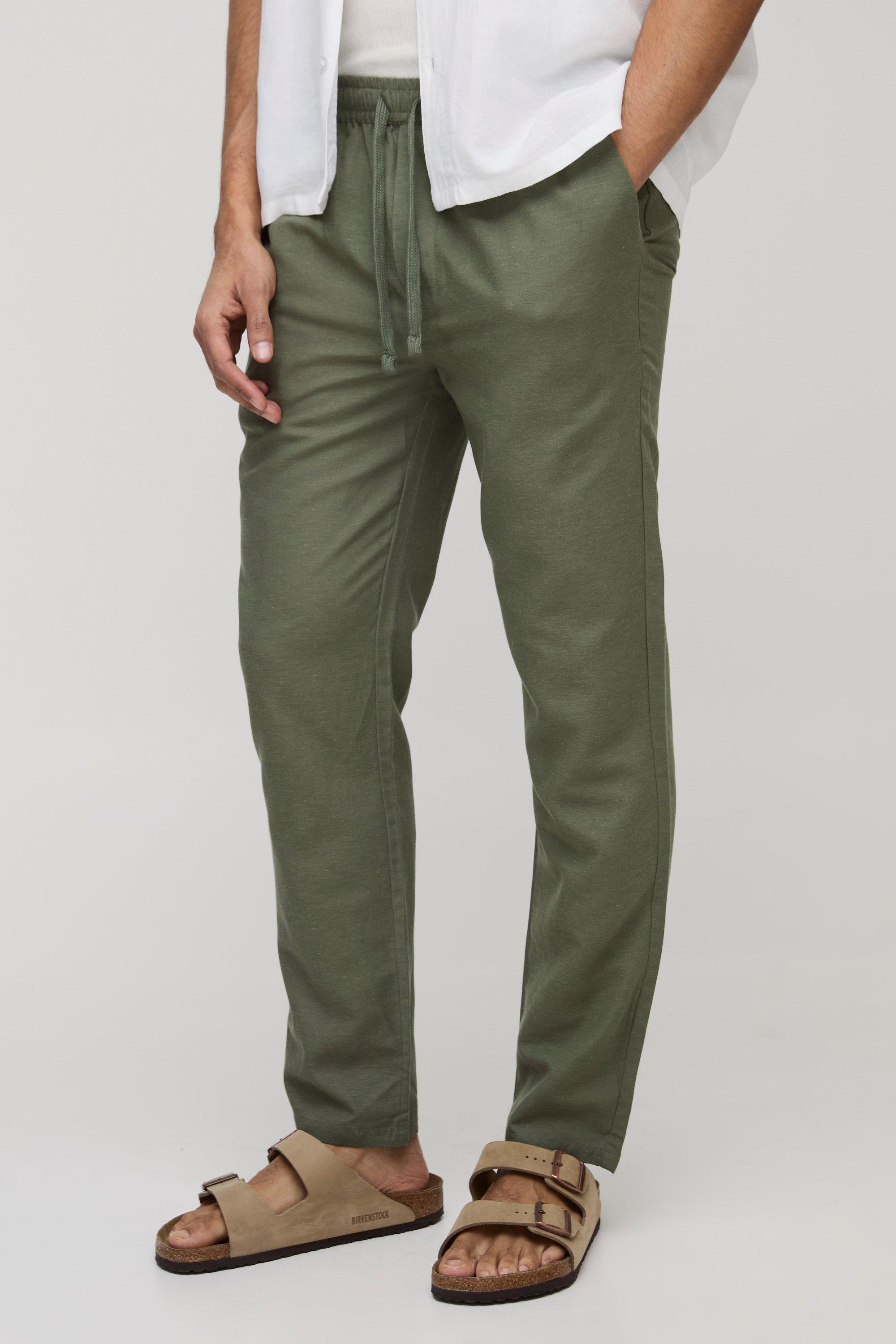 Elasticated Waist Slim Fit Cropped Linen Blend Pants | boohooMAN USA