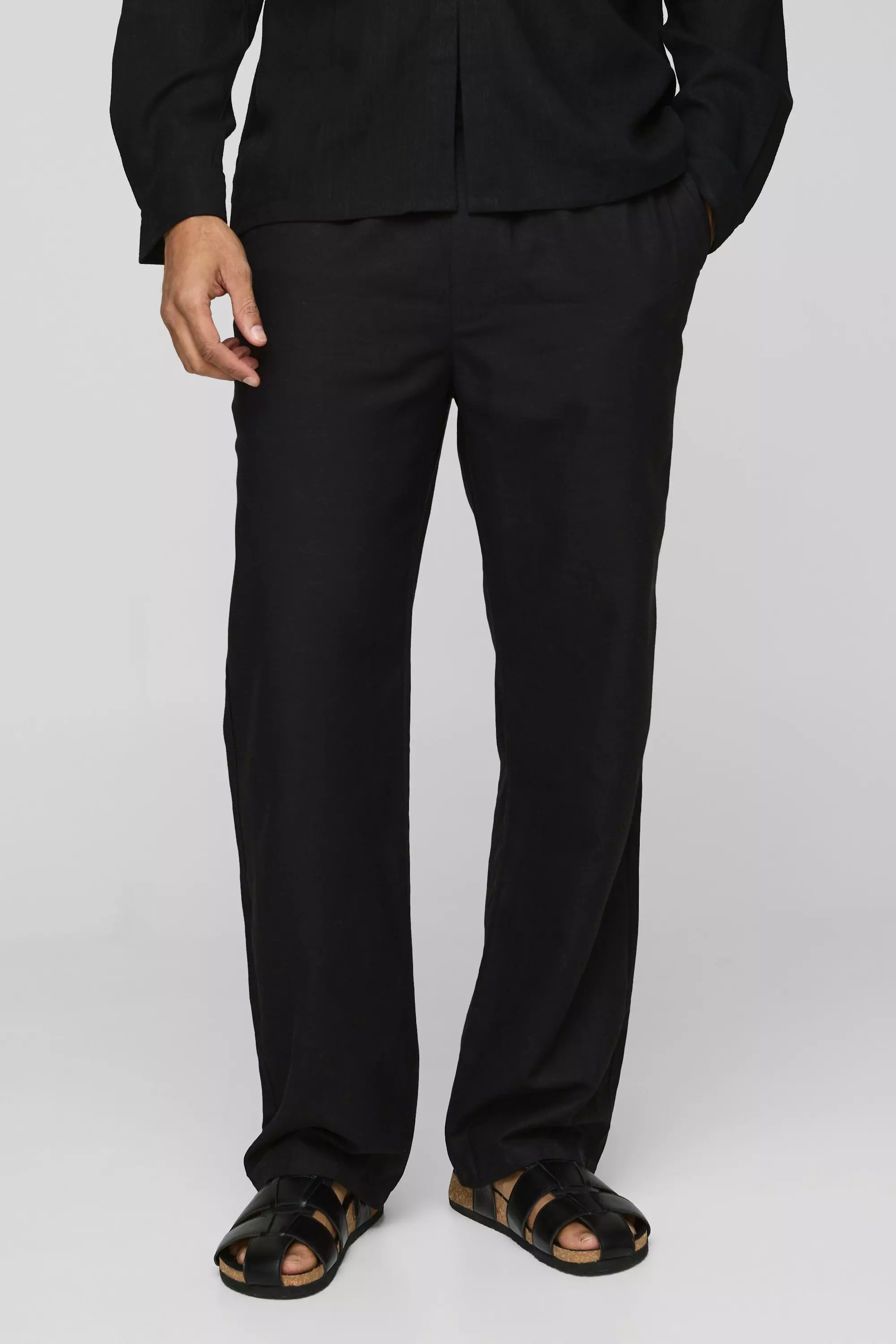 Black Elasticated Waist Relaxed Fit Linen Blend Trousers alternative image