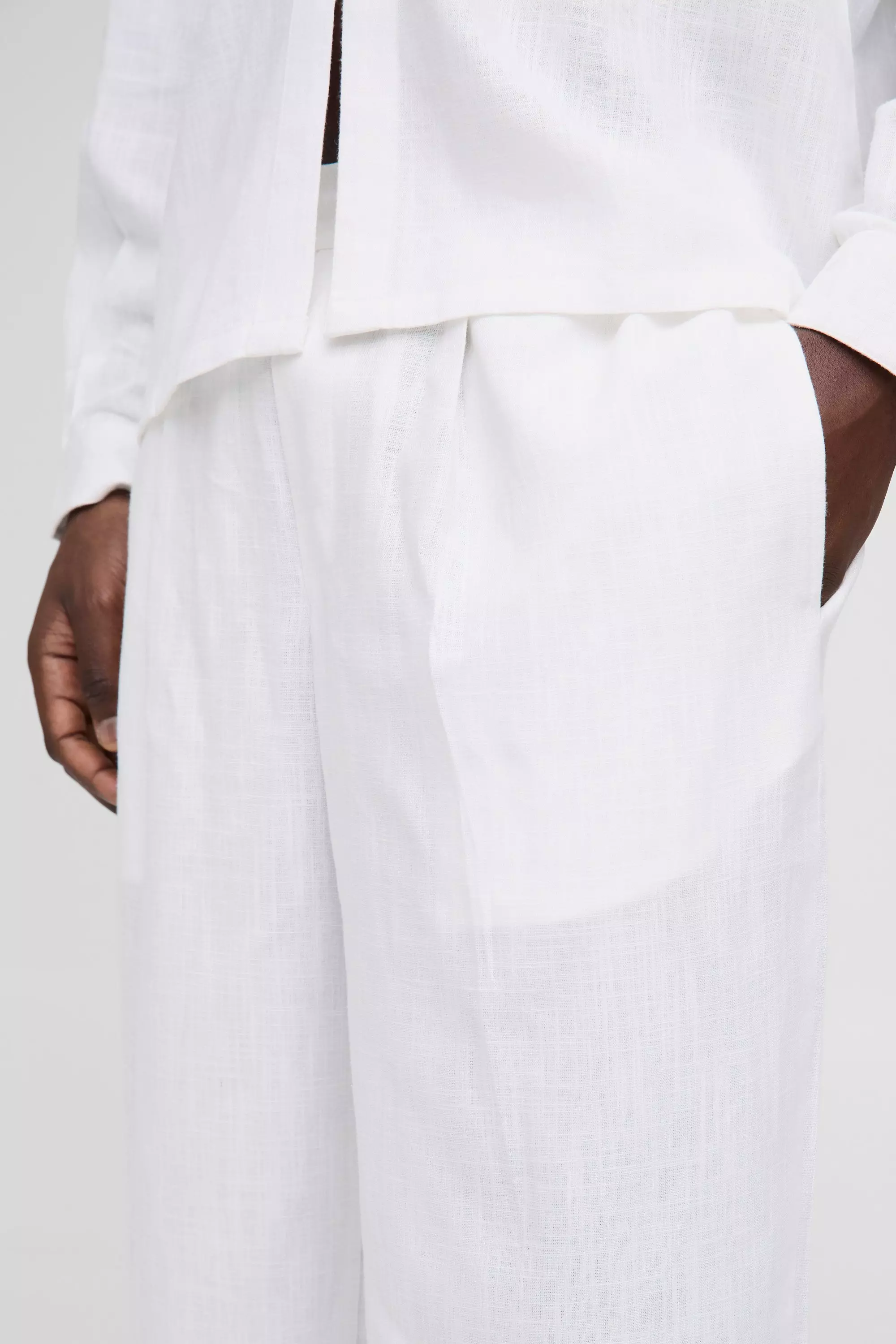 Half & Half Waistband Wide Fit Pleat Front Linen Blend Pants
