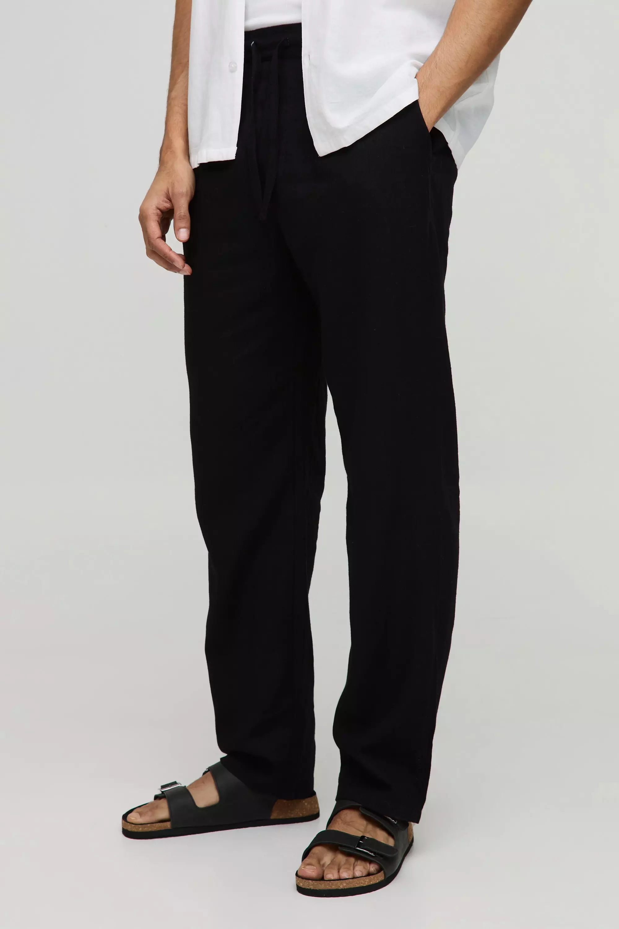 Half & Half Waistband Straight Fit Linen Blend Trousers | boohooMAN USA