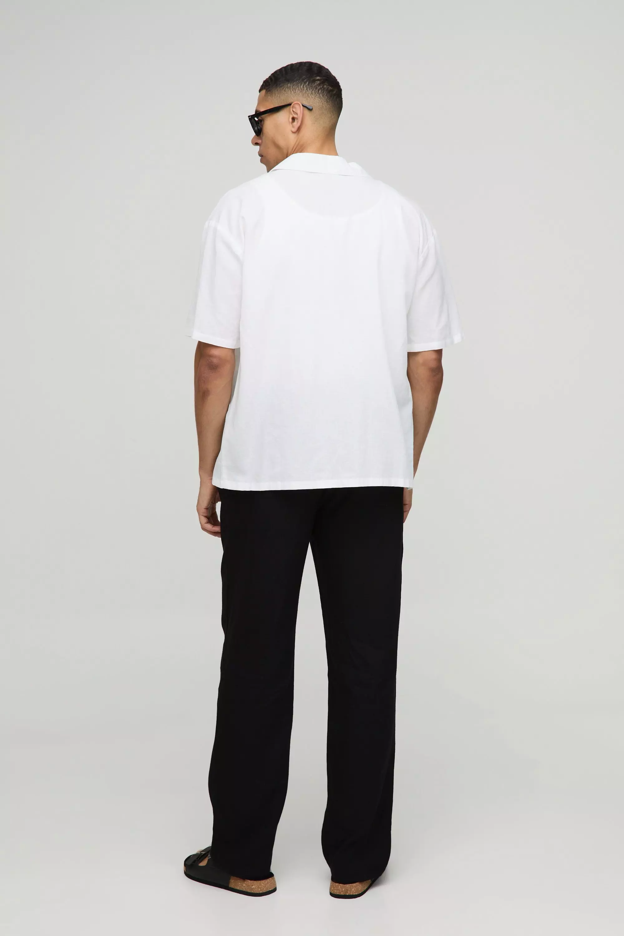 Half & Half Waistband Straight Fit Linen Blend Trousers | boohooMAN USA