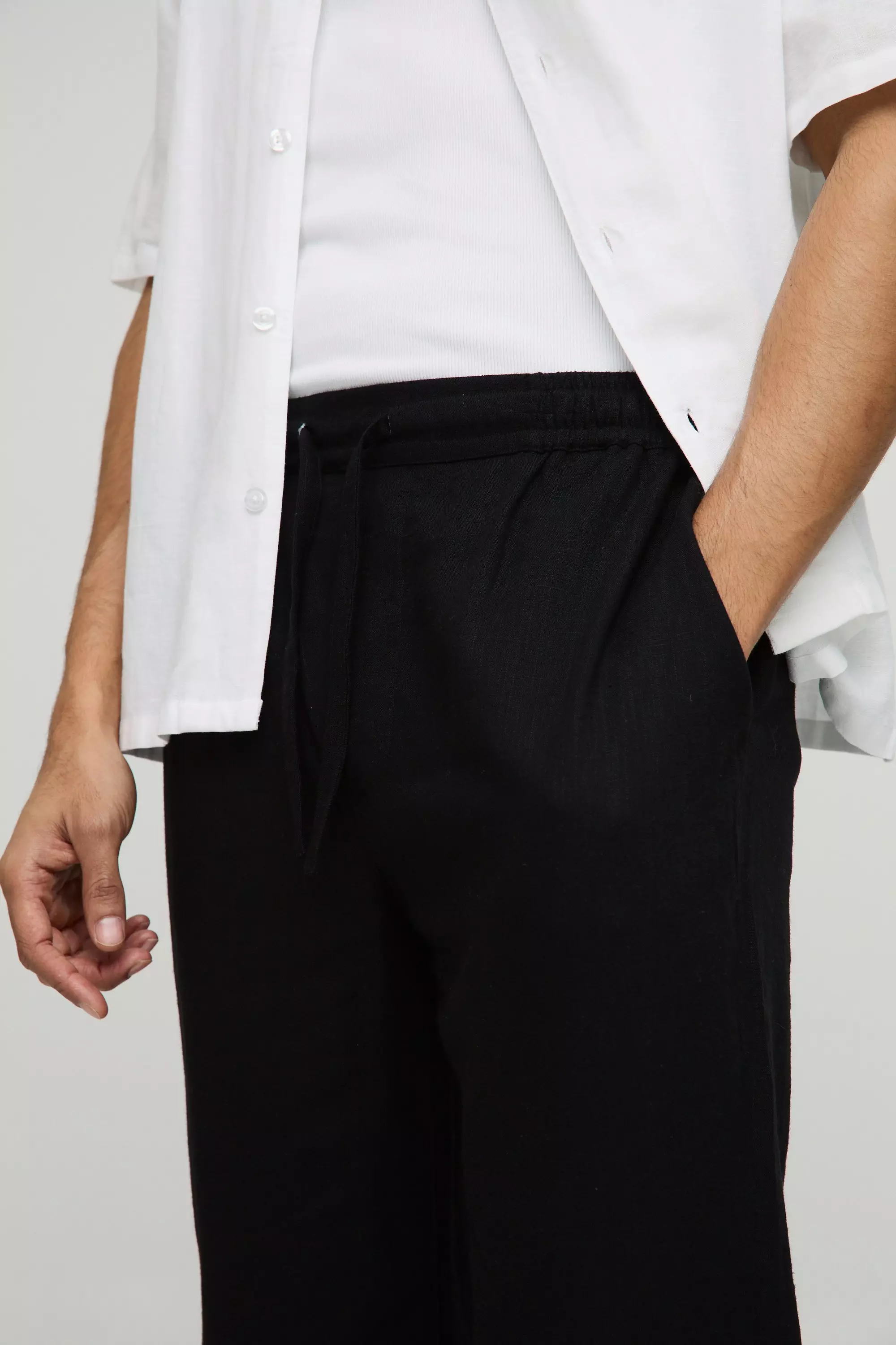Half & Half Waistband Straight Fit Linen Blend Trousers | boohooMAN USA