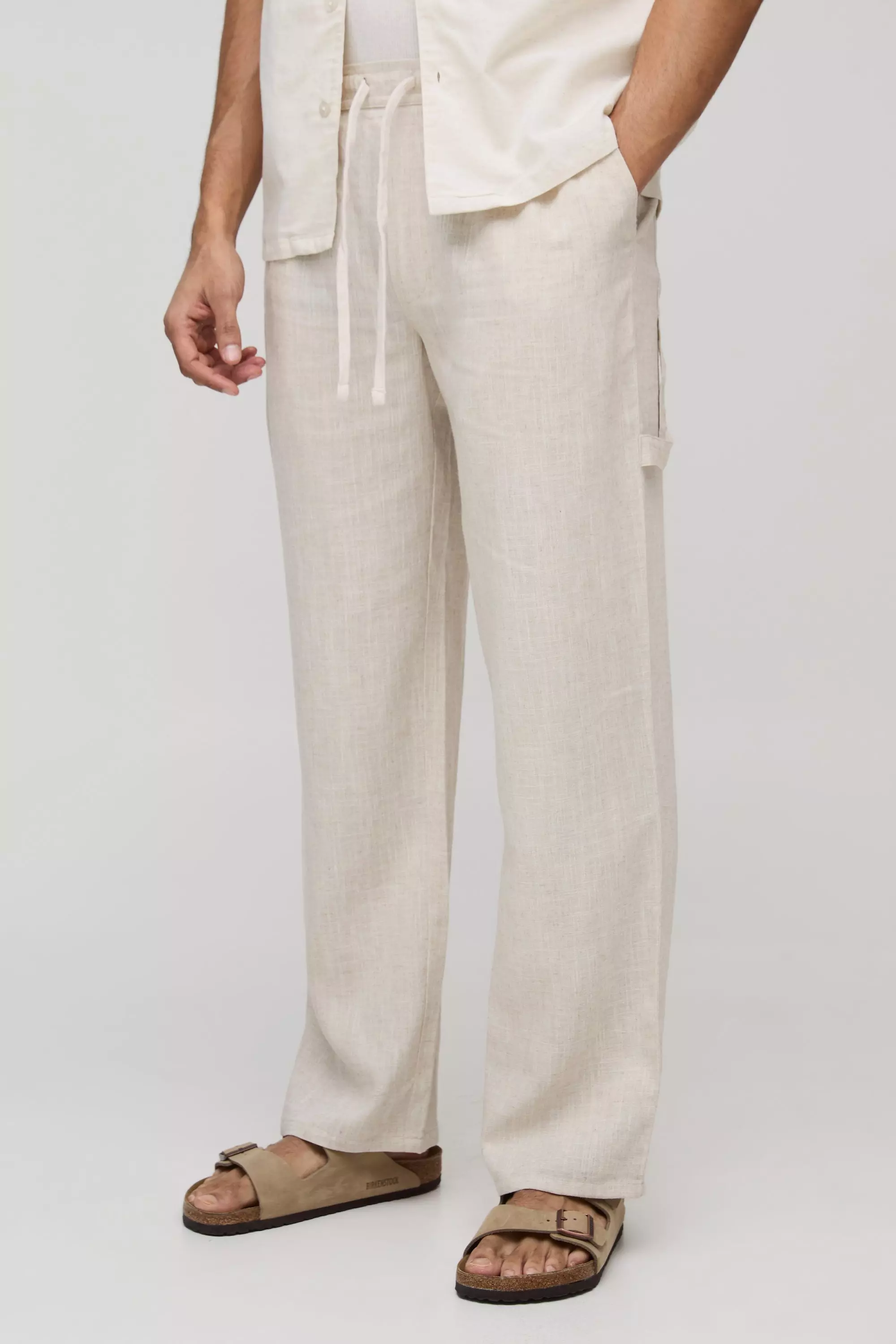 Half & Half Waistband Relaxed Fit Carpenter Linen Blend Pants | boohooMAN USA