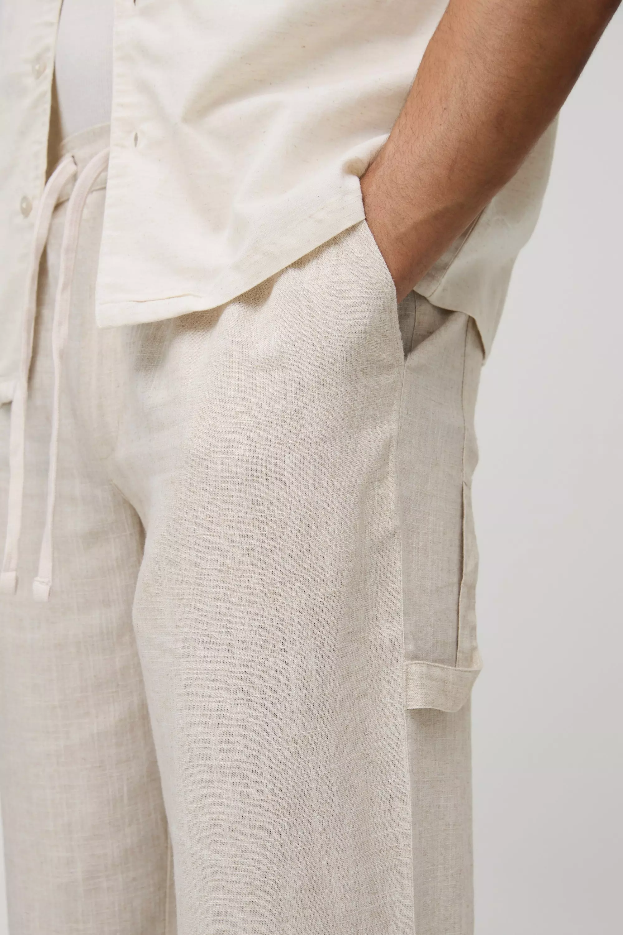 Half & Half Waistband Relaxed Fit Carpenter Linen Blend Pants | boohooMAN USA