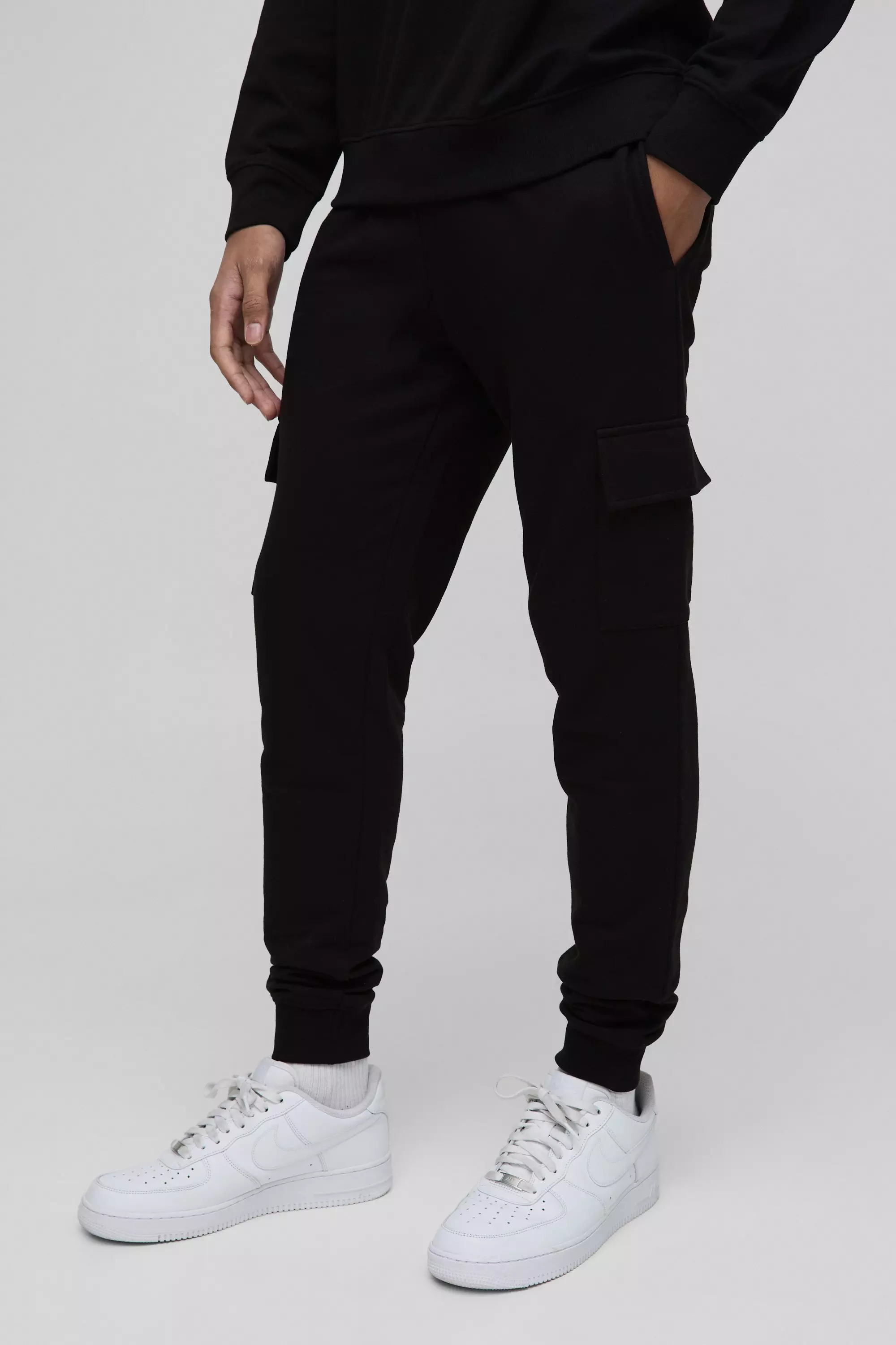 Black 260GSM Loopback Basic Skinny Fit Cargo Sweatpants alternative image