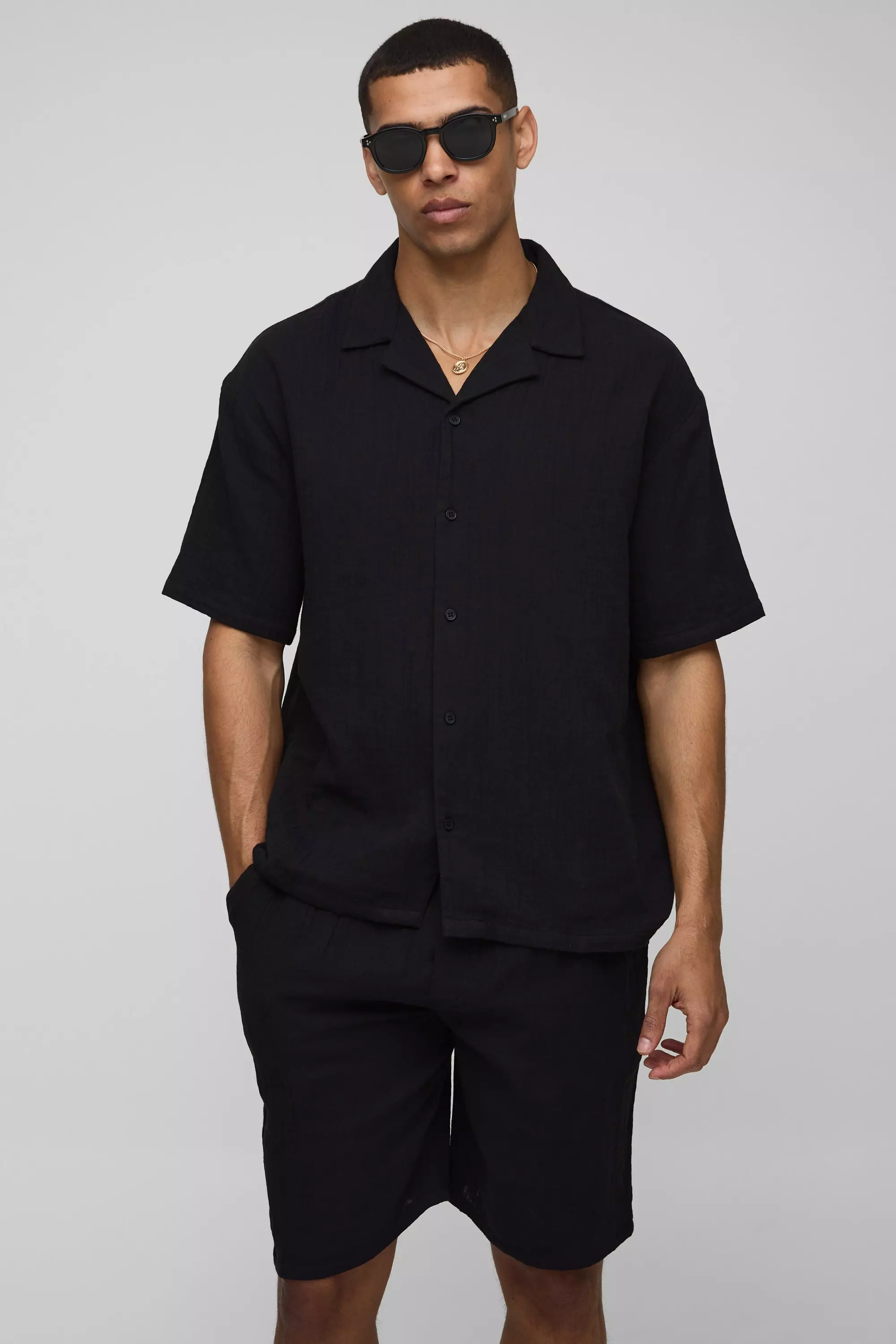 Oversized Revere Cheesecloth Shirt & Relaxed Short Set | boohooMAN USA