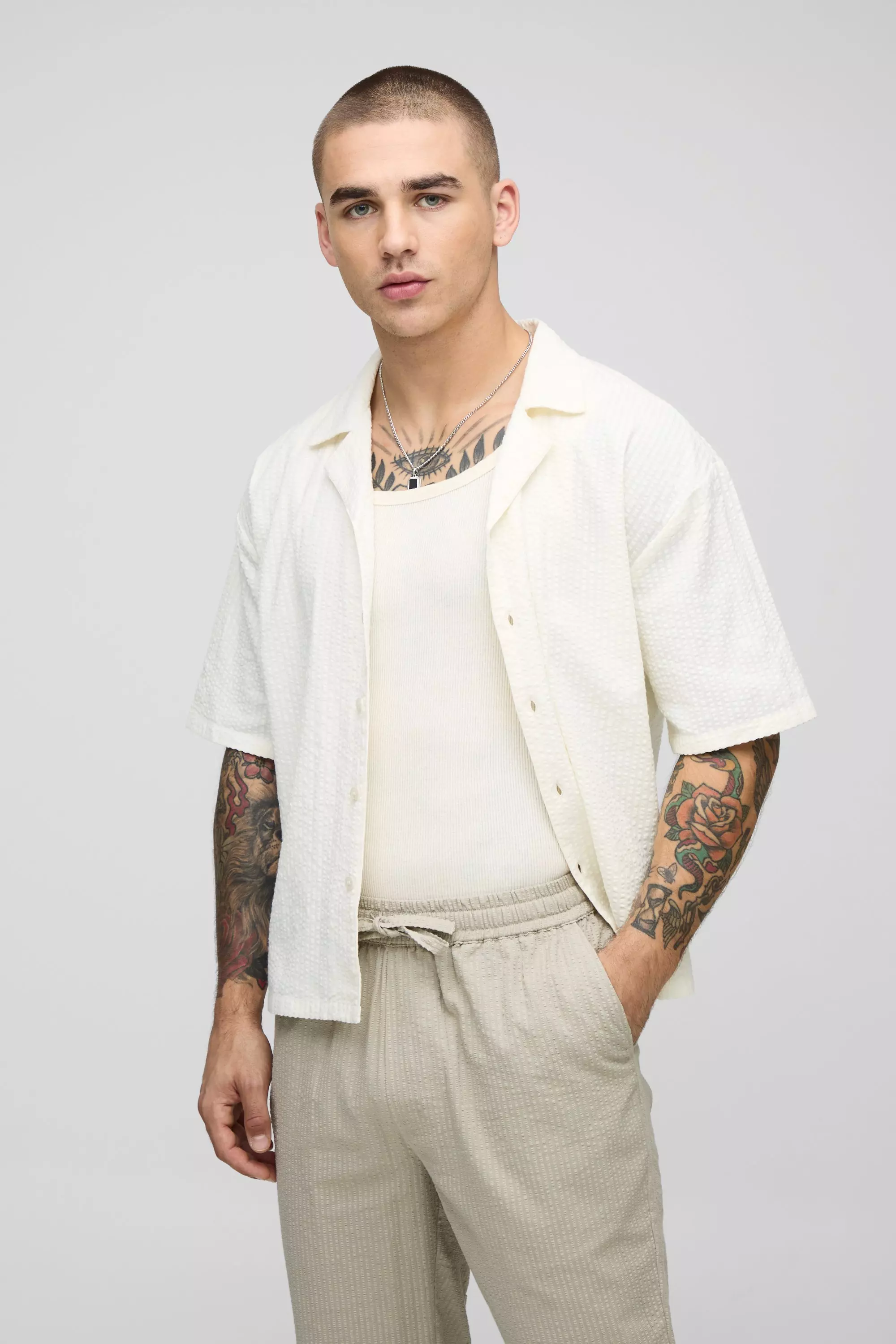 Ecru Oversized Boxy Revere Seersucker Shirt alternative image