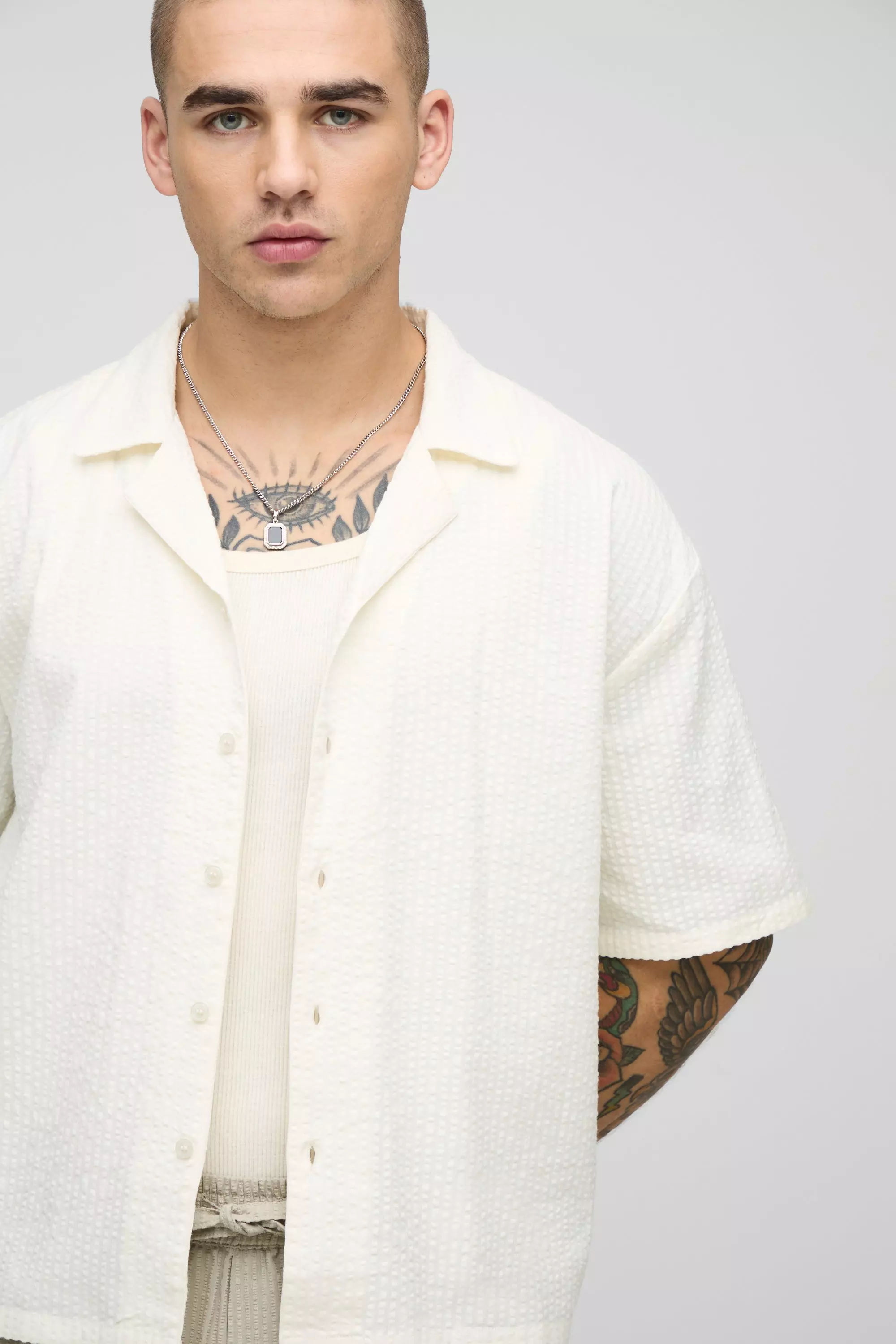 Ecru Oversized Boxy Revere Seersucker Shirt alternative image