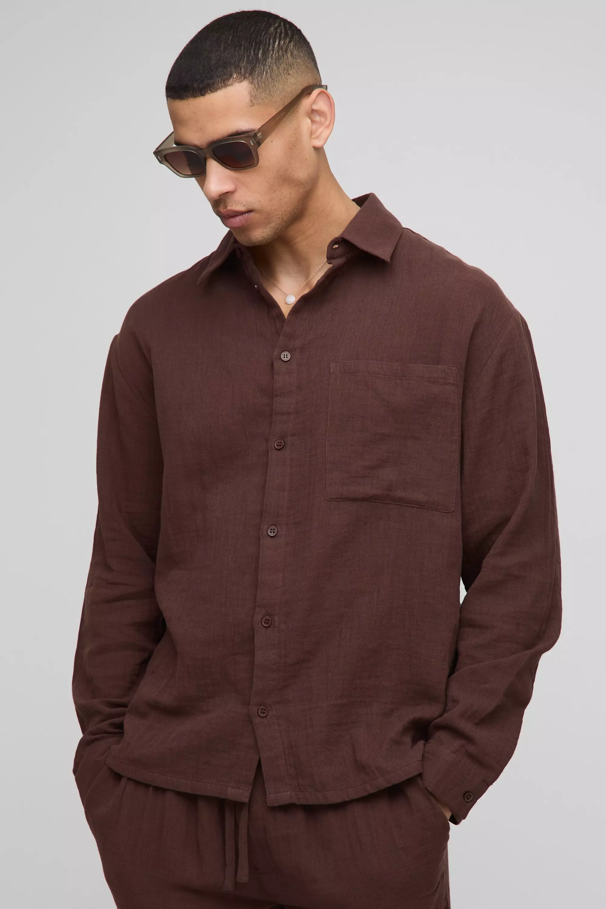 Mocha Oversized Collared Cheesecloth Long Sleeve Shirt alternative image