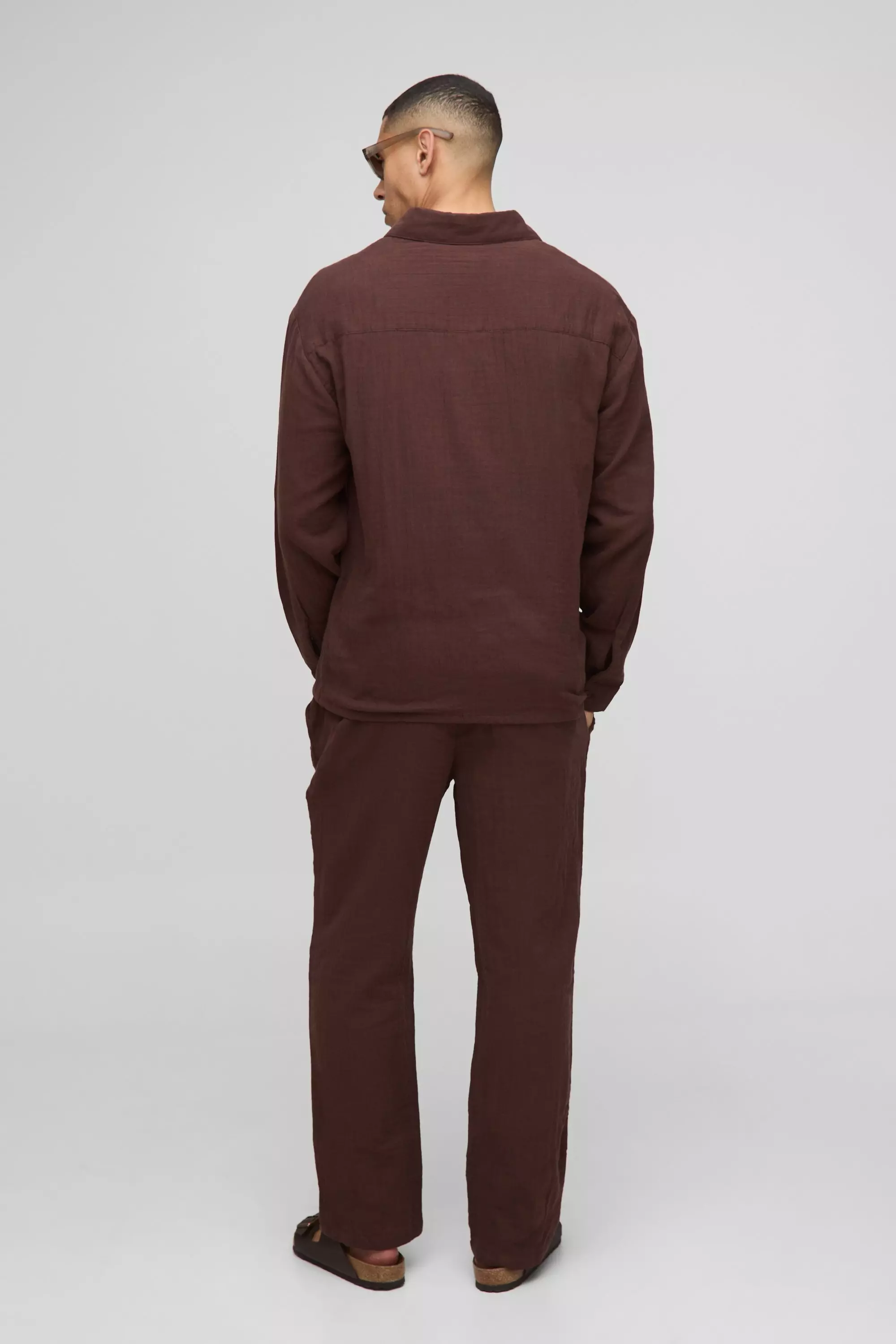 Mocha Oversized Collared Cheesecloth Long Sleeve Shirt alternative image