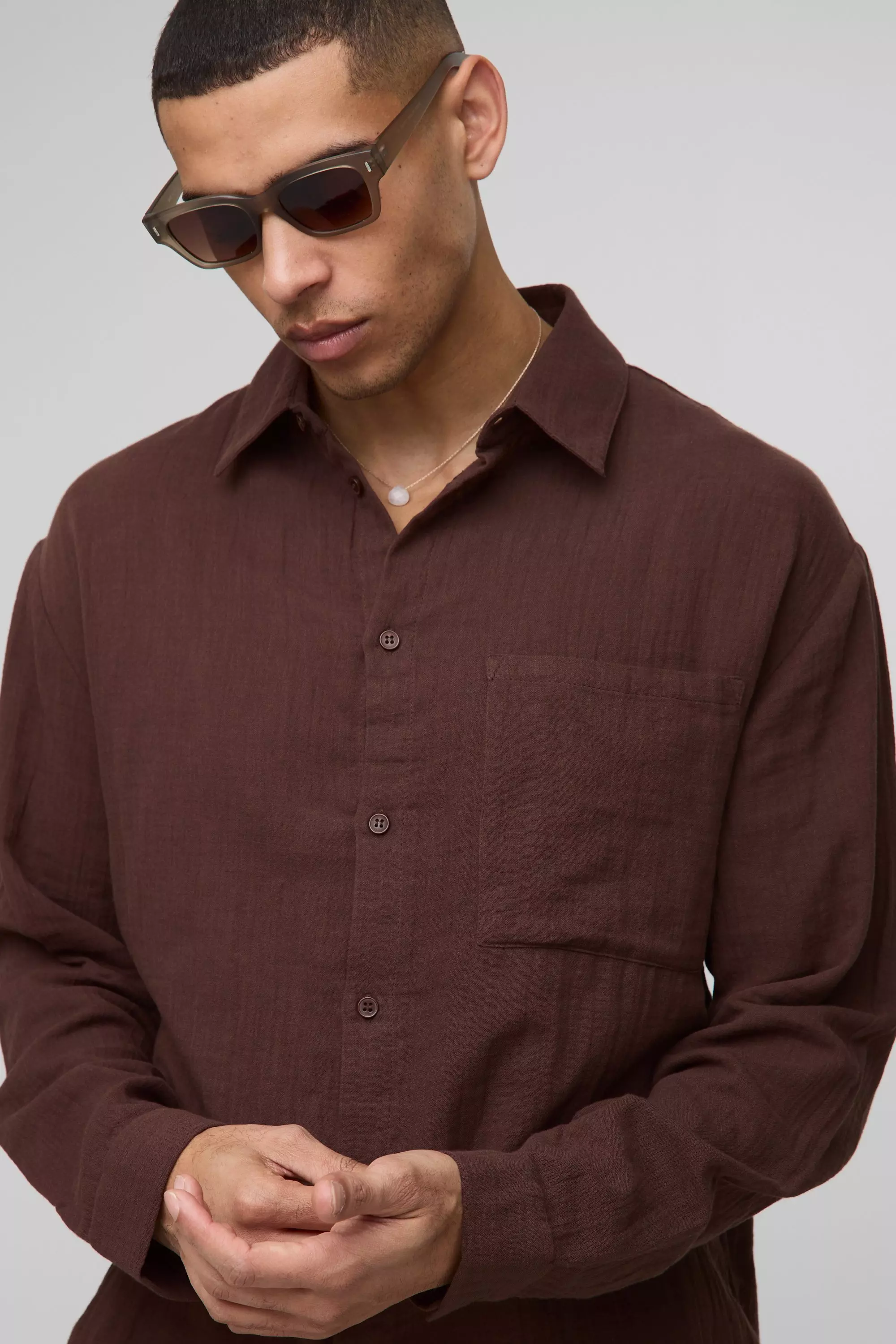 Mocha Oversized Collared Cheesecloth Long Sleeve Shirt alternative image