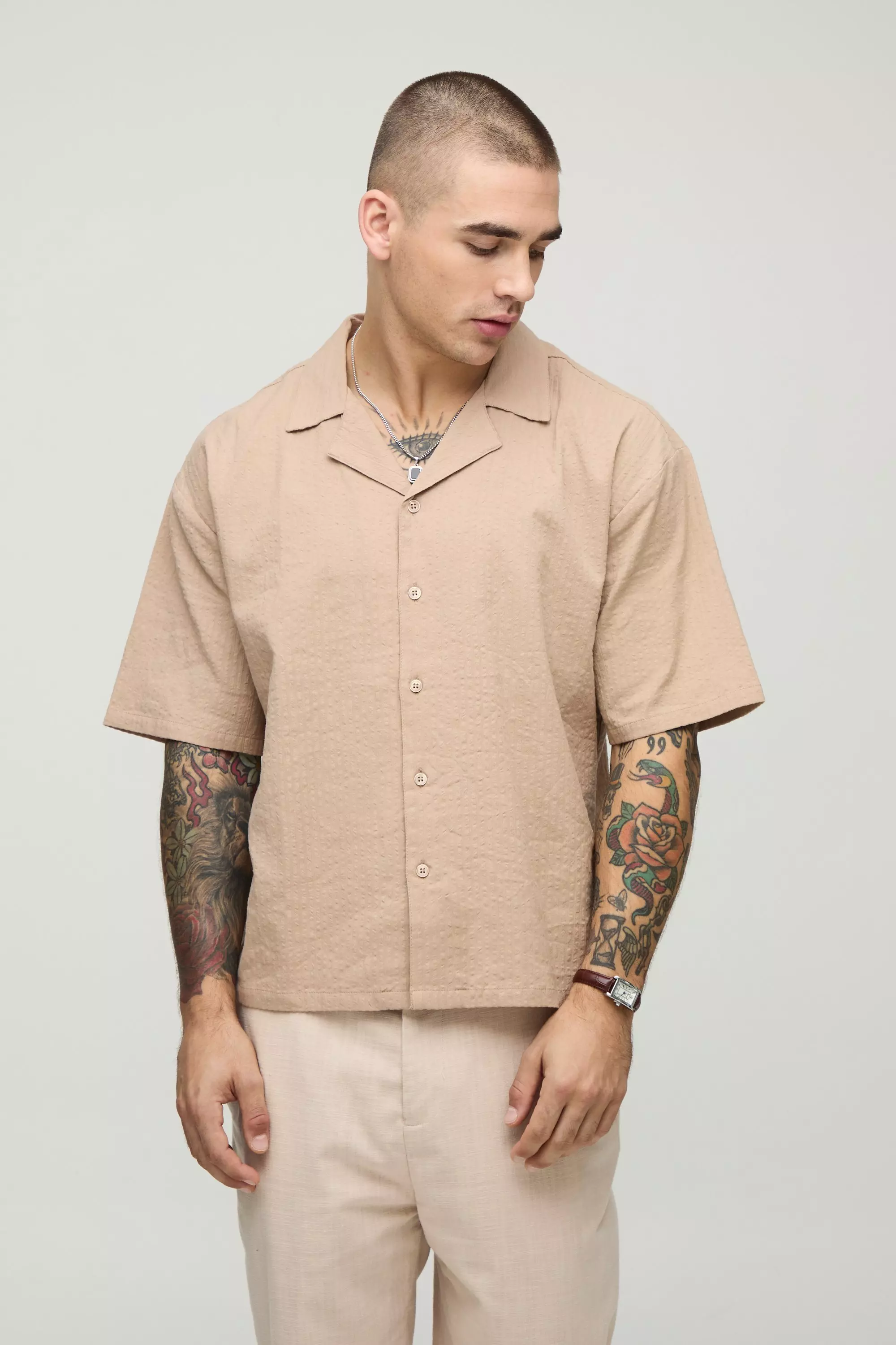 Mocha Oversized Boxy Revere Seersucker Shirt alternative image