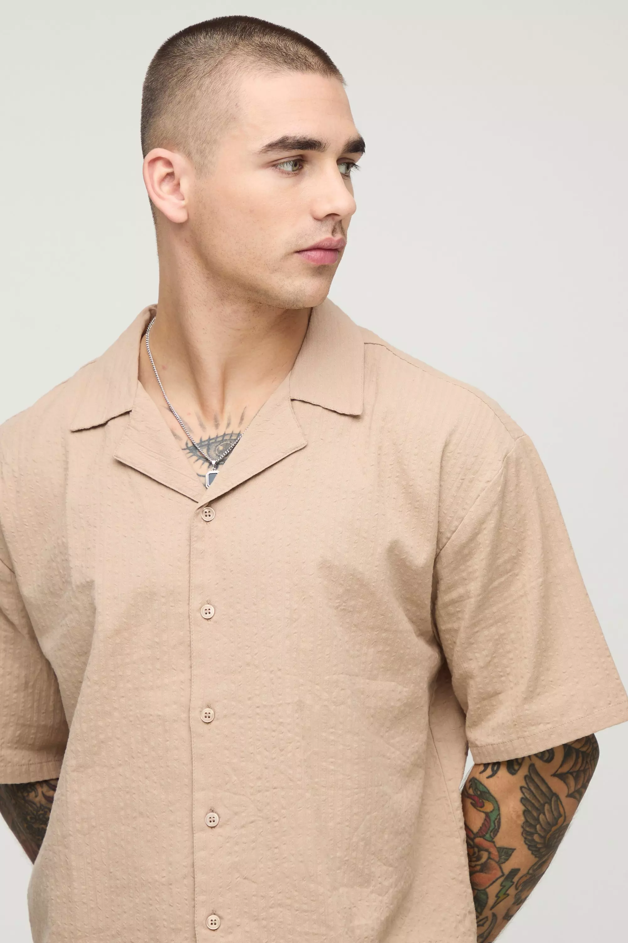 Mocha Oversized Boxy Revere Seersucker Shirt alternative image