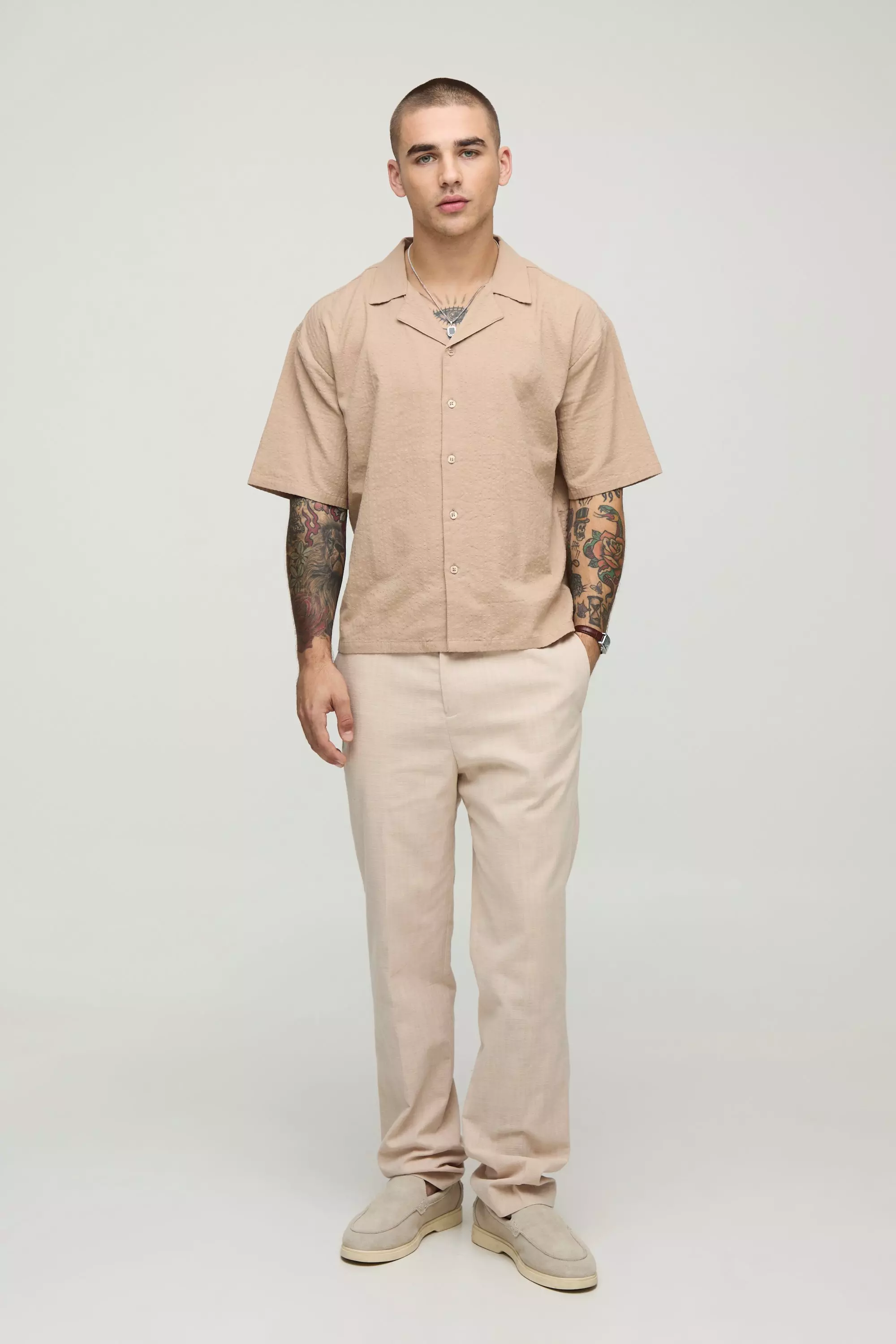 Mocha Oversized Boxy Revere Seersucker Shirt alternative image