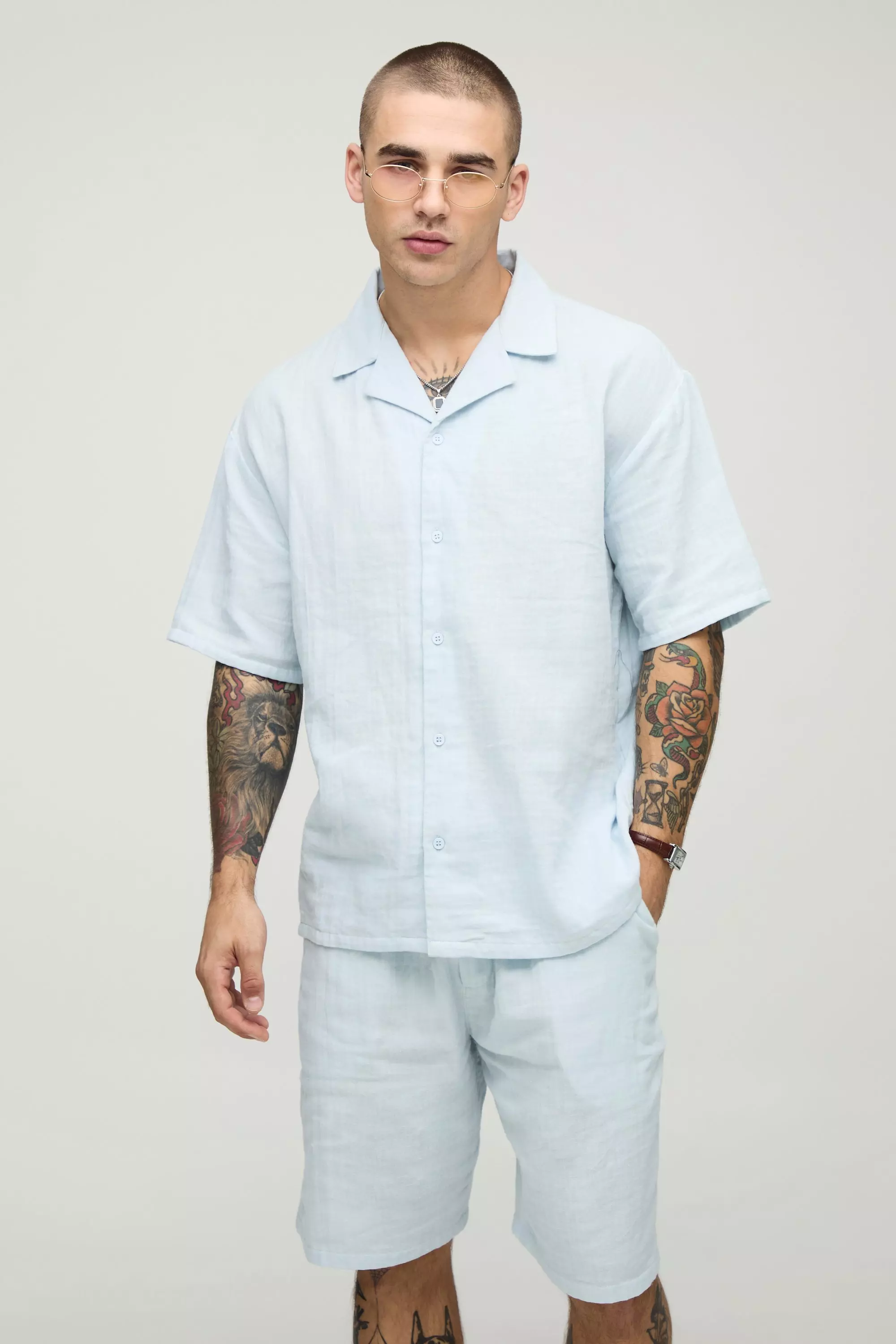 Ensemble oversize avec chemise et short, Light blue autre image