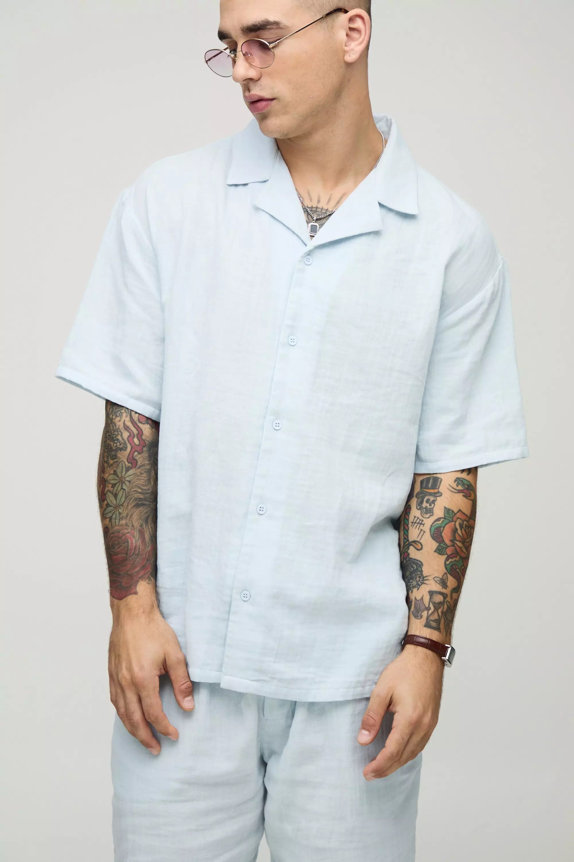 Ensemble oversize avec chemise et short, Light blue autre image