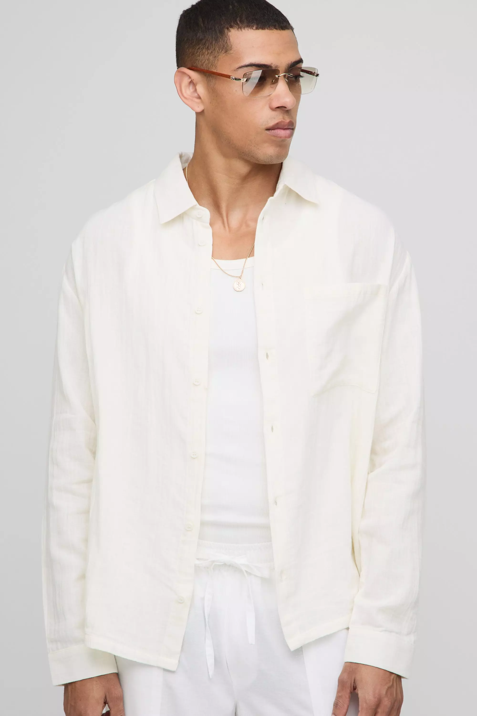 Ecru Oversized Collared Cheesecloth Long Sleeve Shirt alternative image